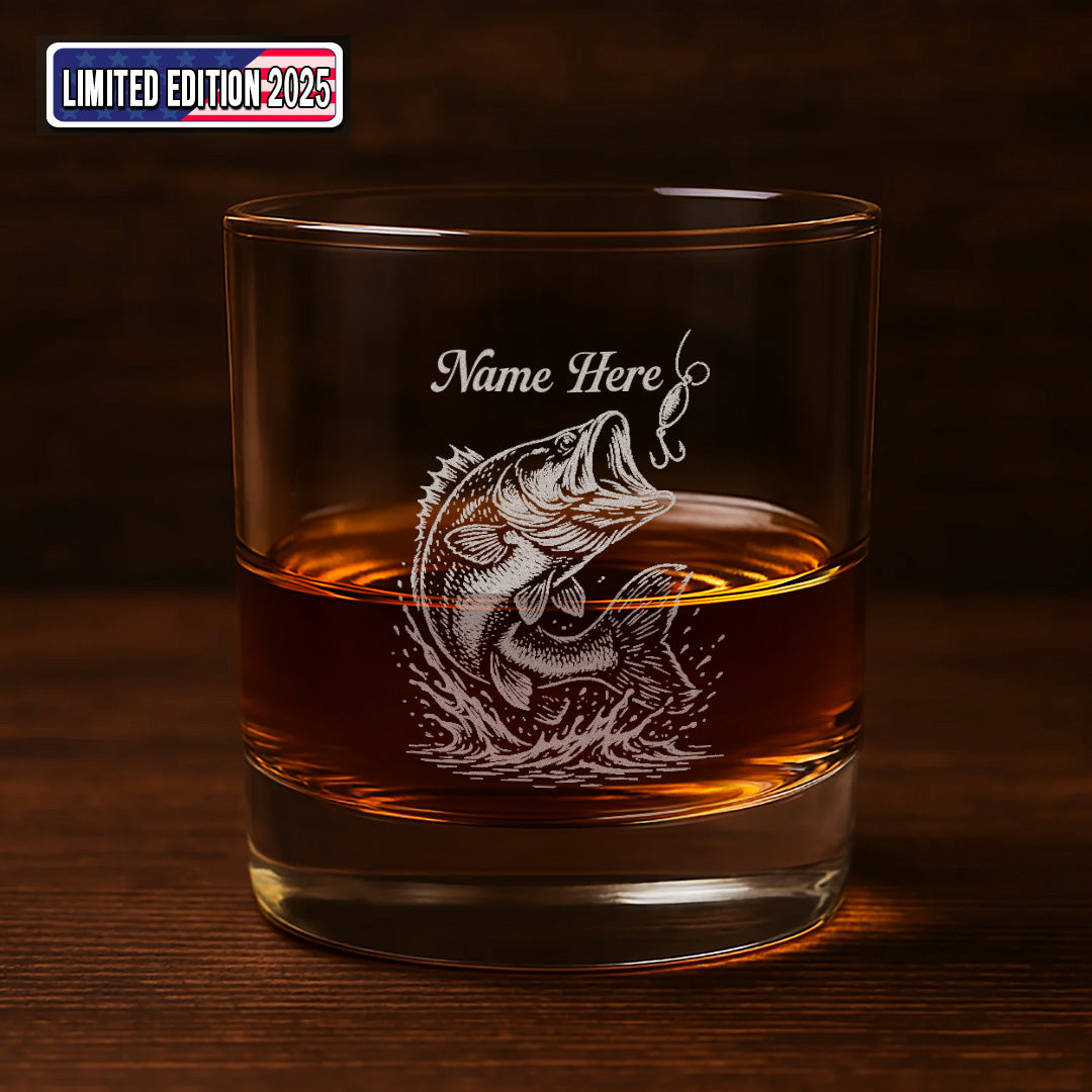 Personalized Bass Fishing Whiskey Glass – Custom Engraved Fisherman Gift with Name 2025 Limited Edition