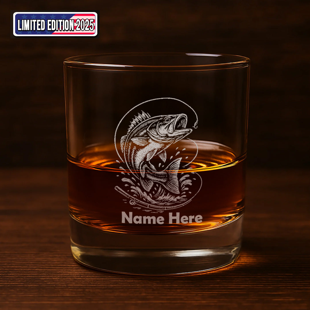 Custom Name Bass Fishing Whiskey Glass – Personalized Engraved Fisherman Gift 2025 Limited Edition