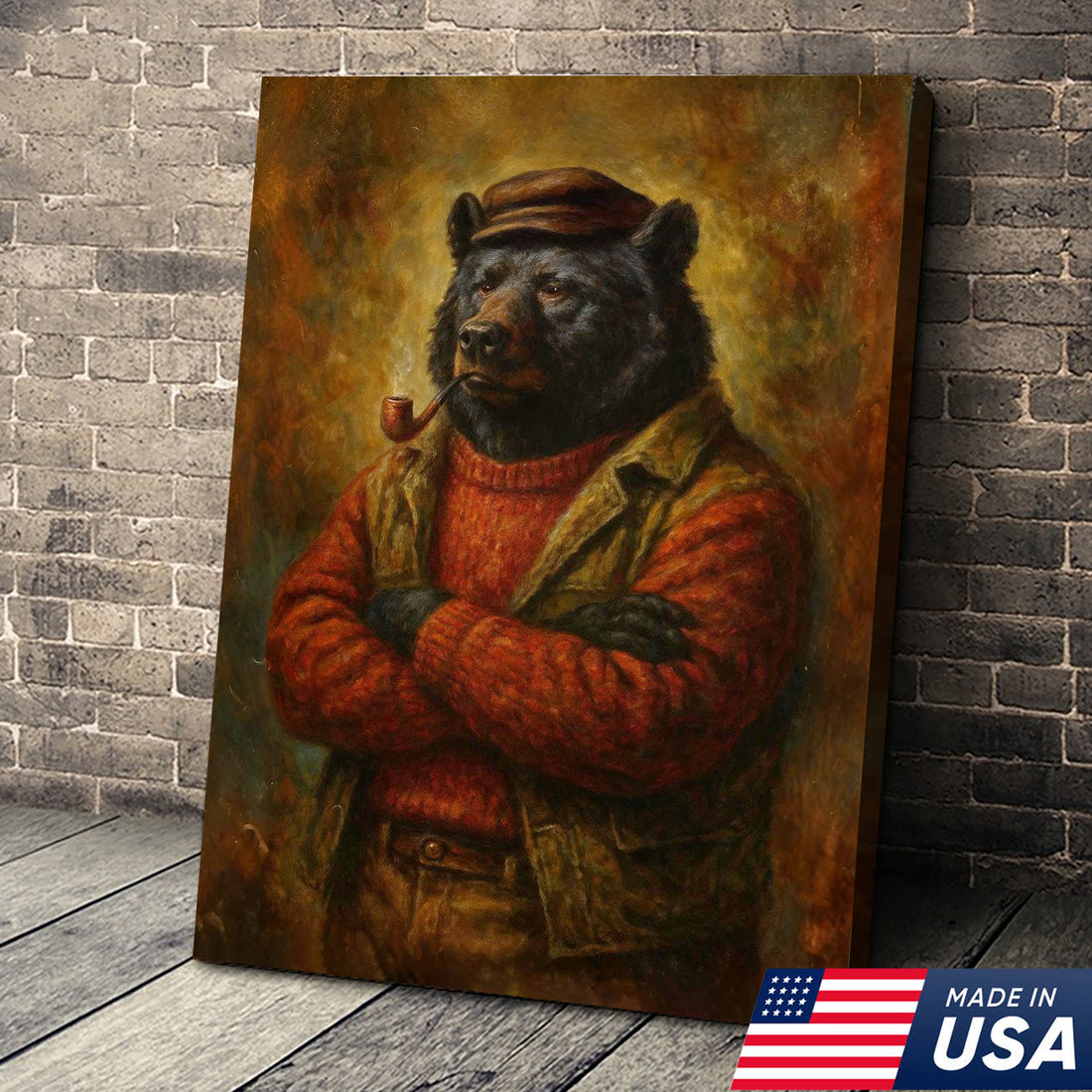 Vintage Black Bear Wall Art – Rustic Canvas Print of Bear in Red Sweater Smoking Pipe - Animal Portrait Home Decor
