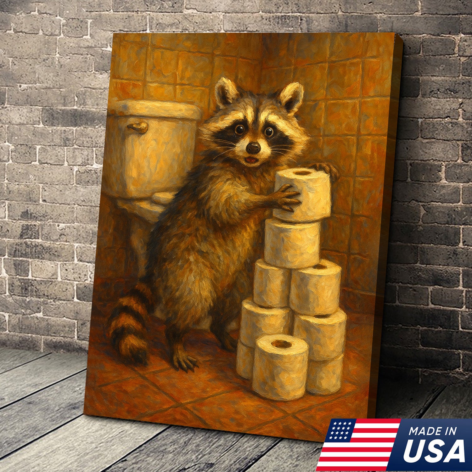 Funny Raccoon Canvas Wall Art – Cute Animal Bathroom Decor with Toilet Paper for Rustic Cabin & Home