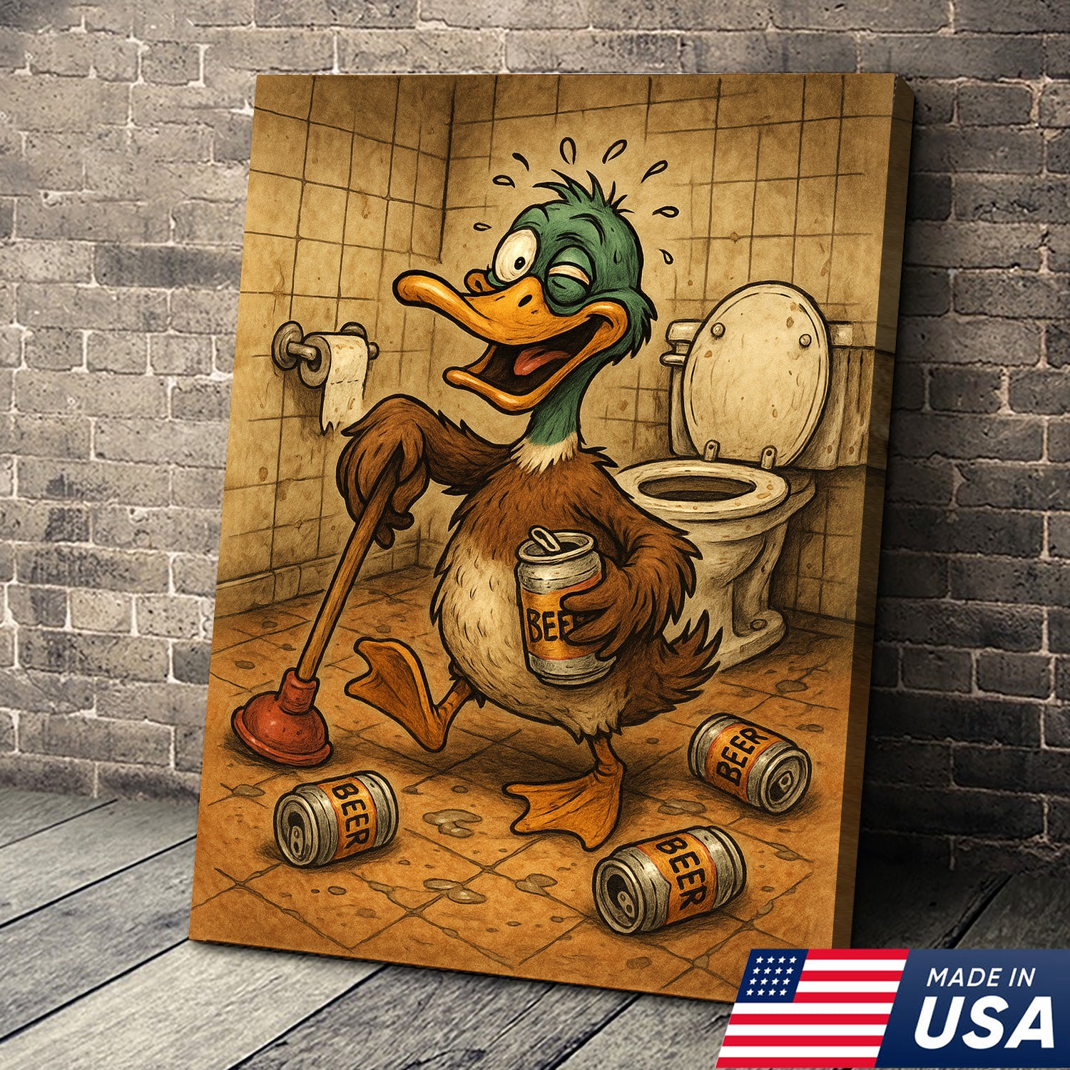 Funny Duck Canvas Wall Art – Hilarious Bathroom Decor with Soda Cans and Plunger for Rustic Cabin & Home