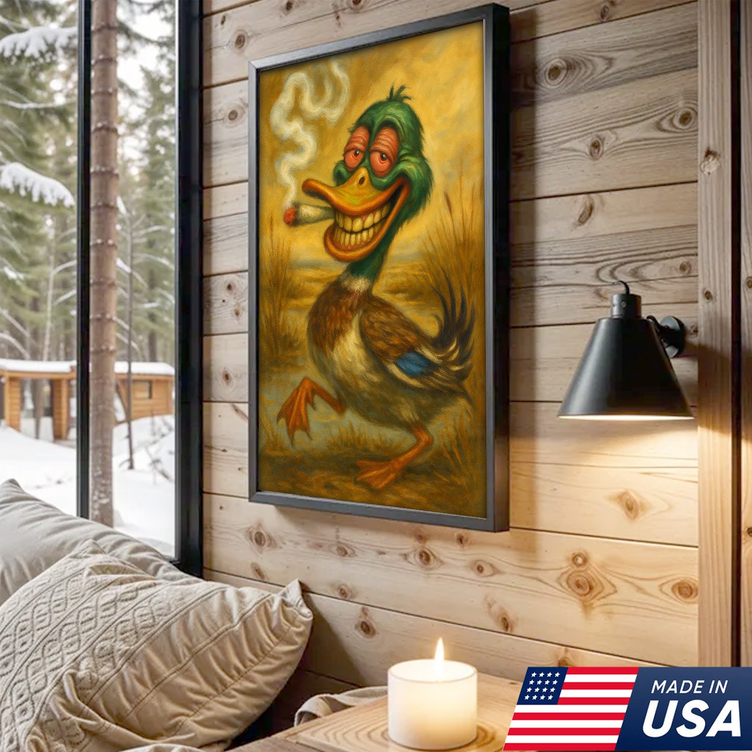Funny Duck Smoking Cigar Canvas Wall Art – Rustic Hunting Cabin Decor, Man Cave & Lodge Gift