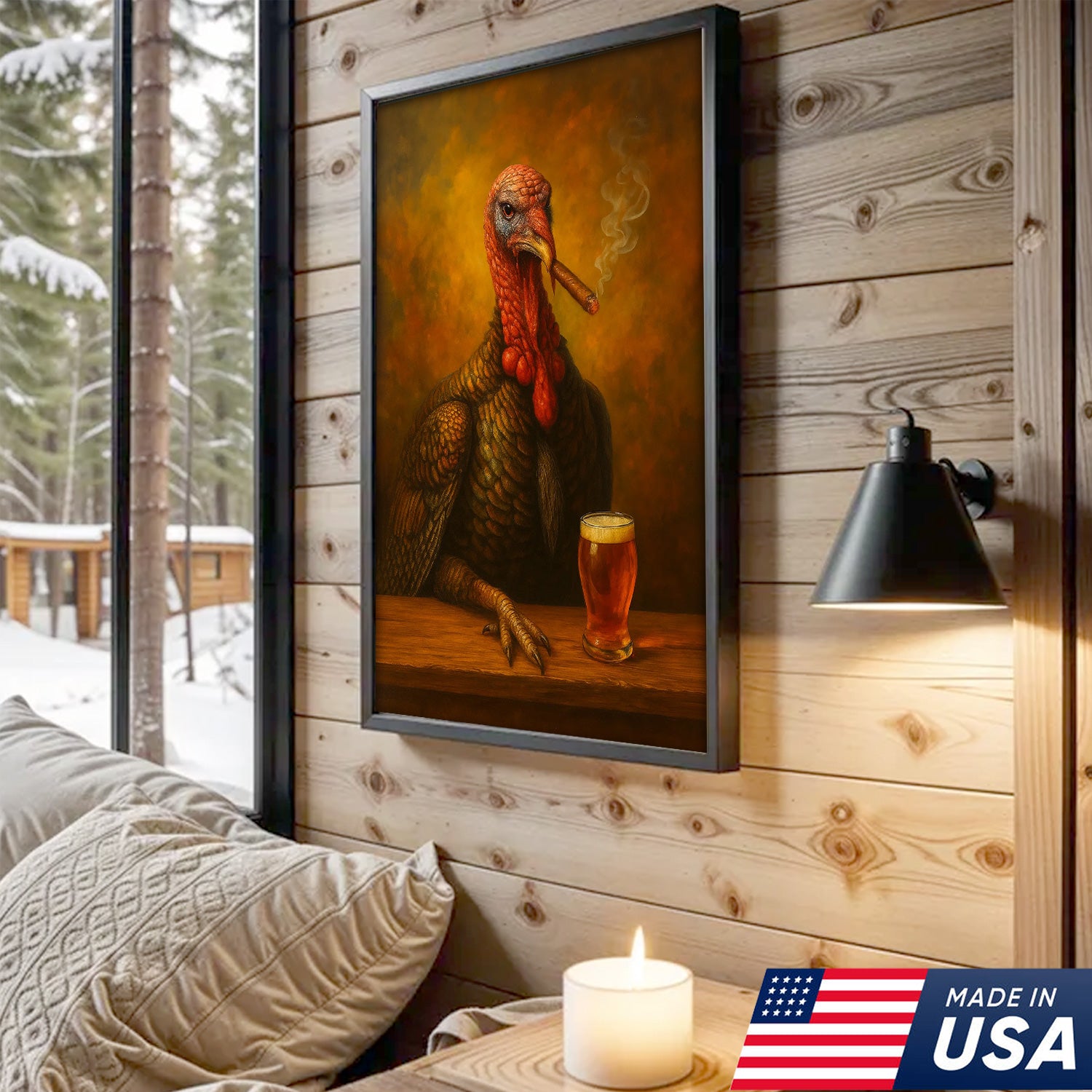 Funny Turkey Drinking Cocktail Glasses and Smoking Canvas – Rustic Farmhouse Wall Art