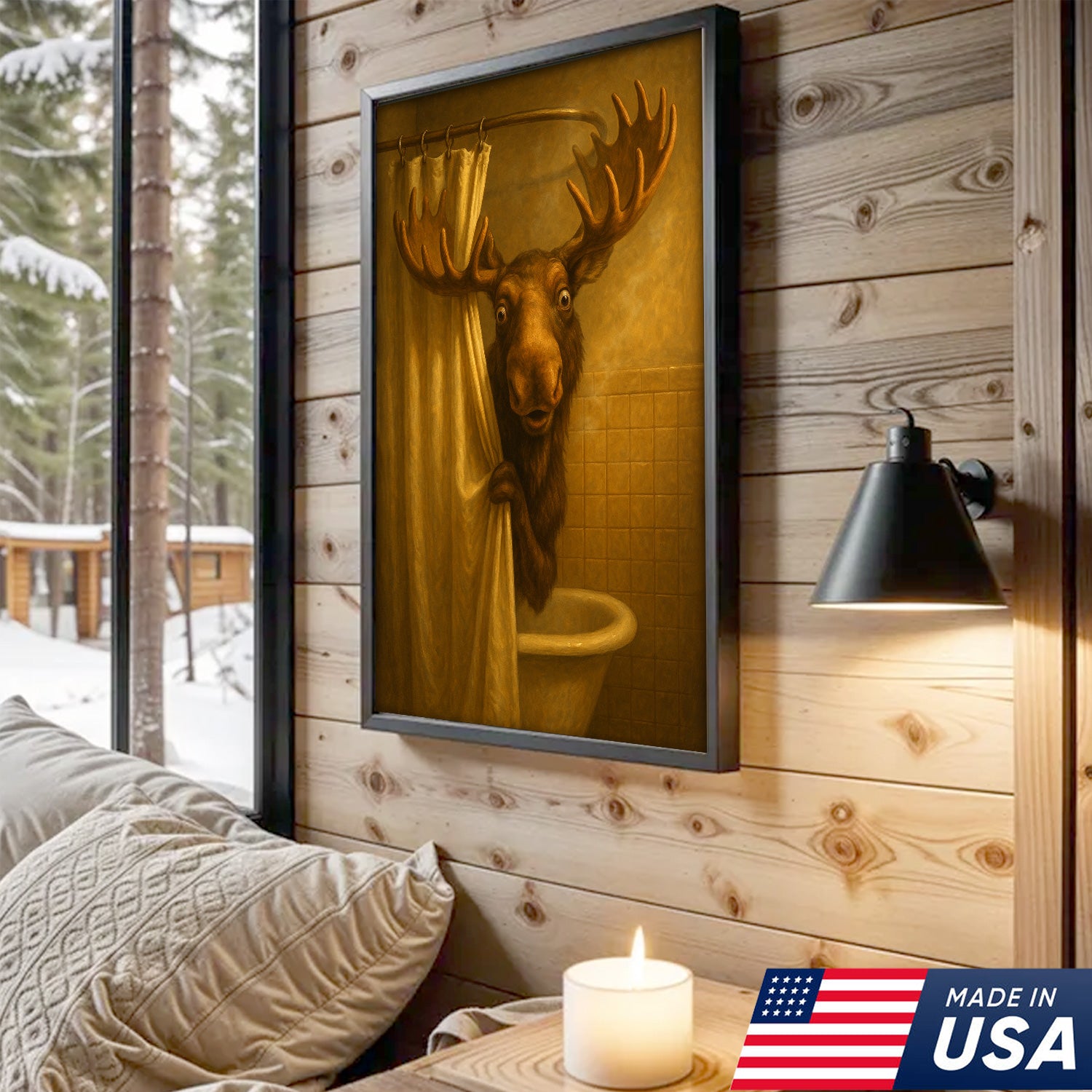 Funny Moose Bathroom Canvas Wall Art – Rustic Lodge Cabin Decor for Bathroom, Man Cave & Rustic Homes