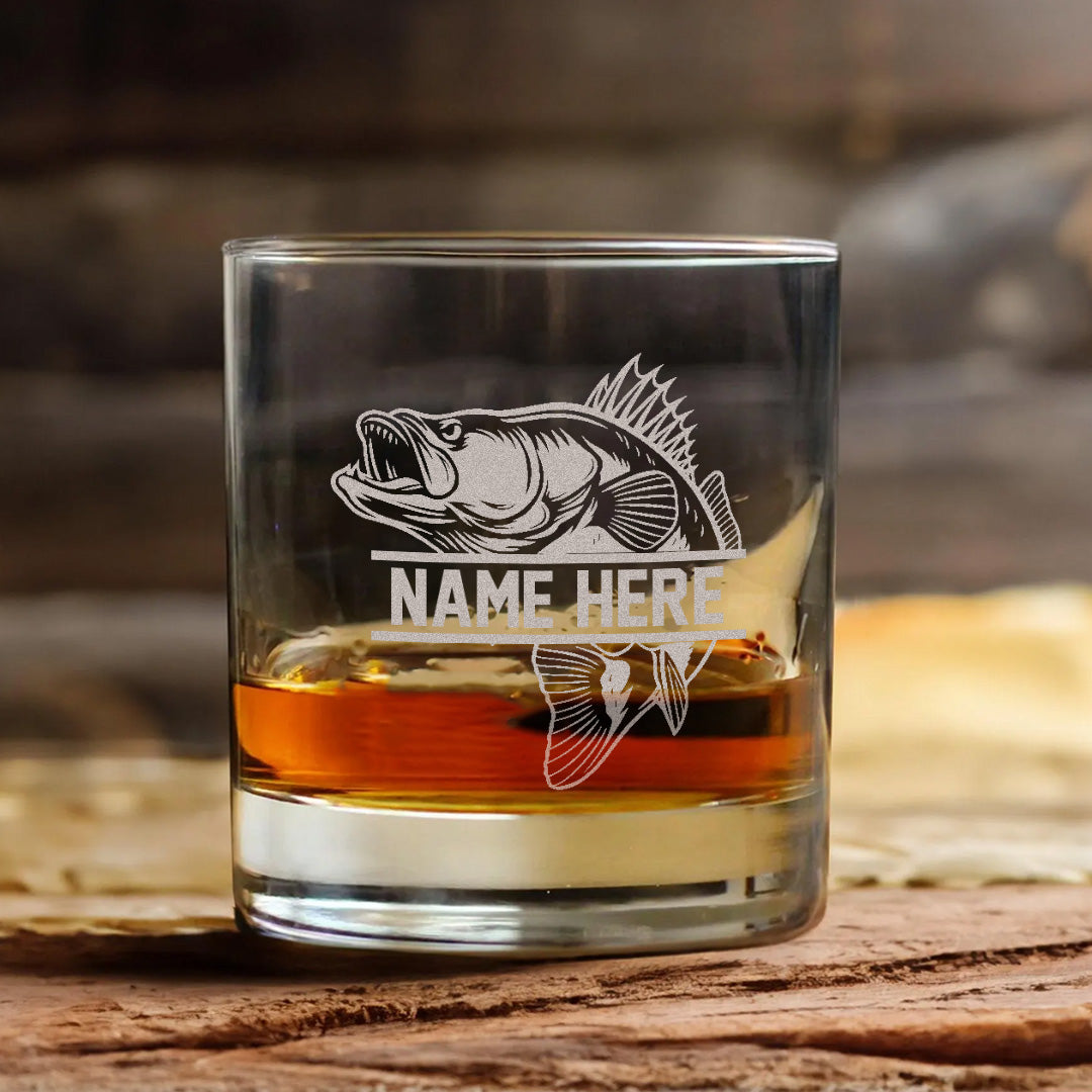 Personalized Engraved Whiskey Glass, Custom Fishing Rocks Glass, Gift for Fishermen, Rustic Barware