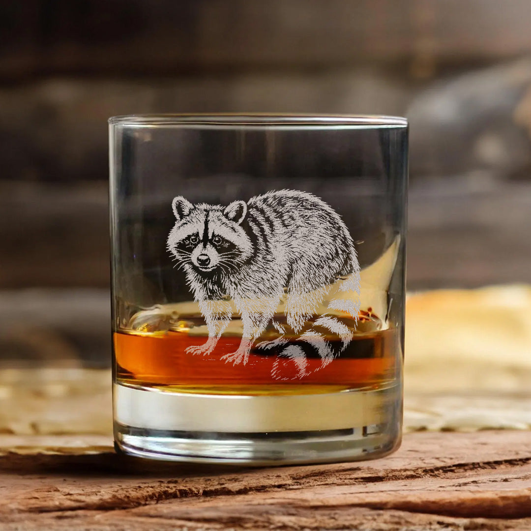 Wildlife Raccoon Engraved Whiskey Glass – Custom Rocks Glass Gift for Hunters & Wildlife Lovers