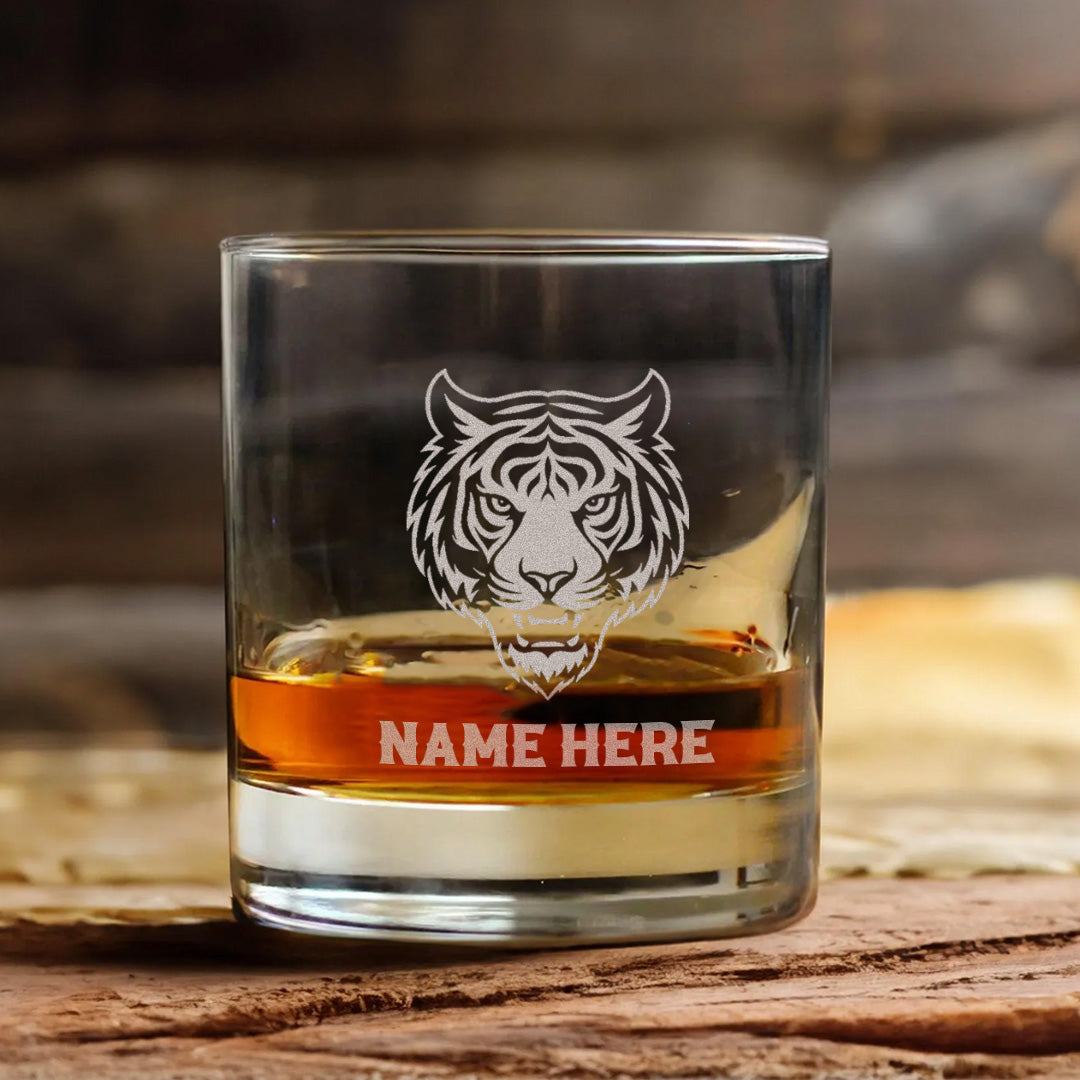 Personalized Tiger Engraved Whiskey Glass – Custom Name Rocks Glass Gift for Bold Whiskey Drinkers & Hunters