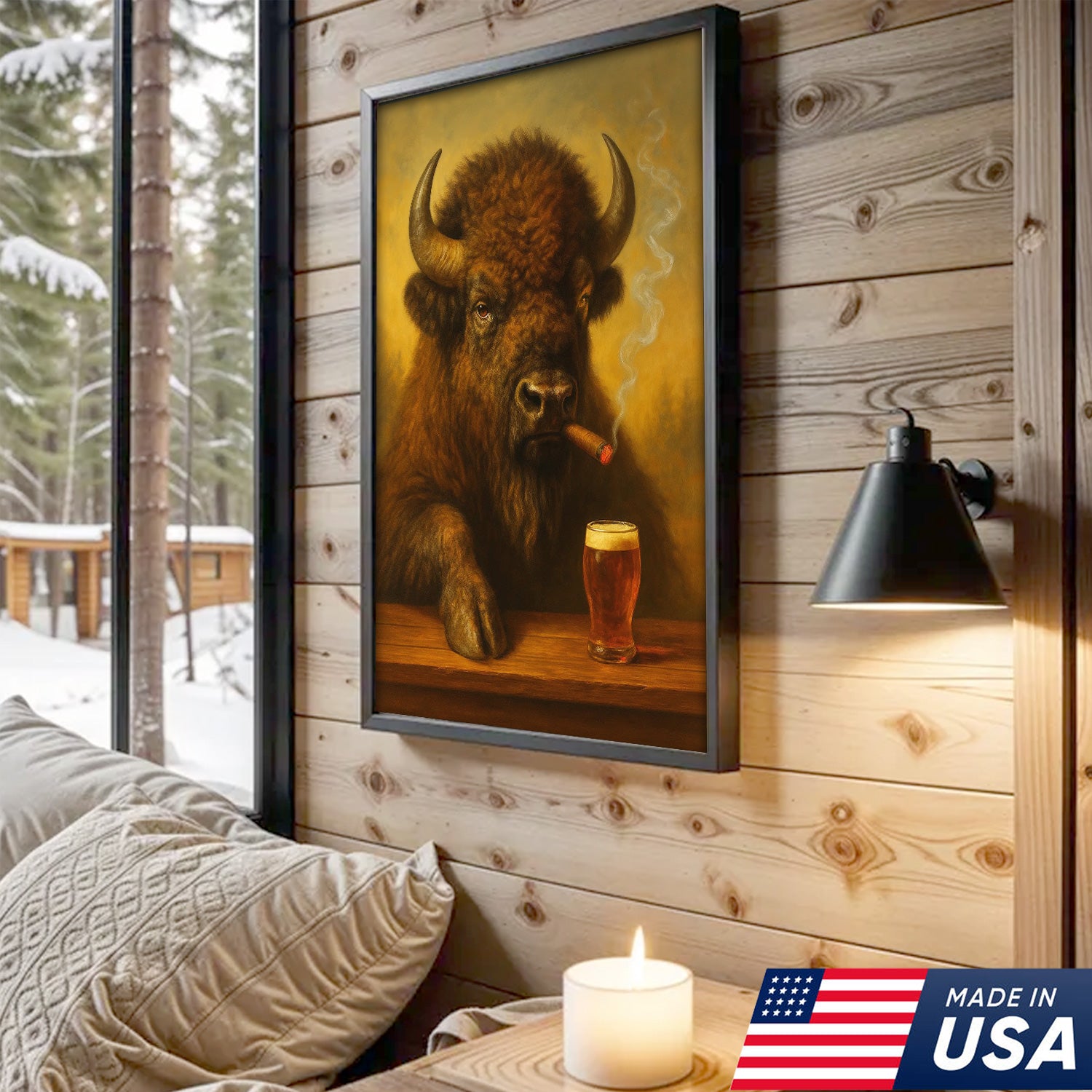 Funny Bison Smoking & Drinking Canvas Wall Art - Rustic Bar & Hunting Lodge Decor