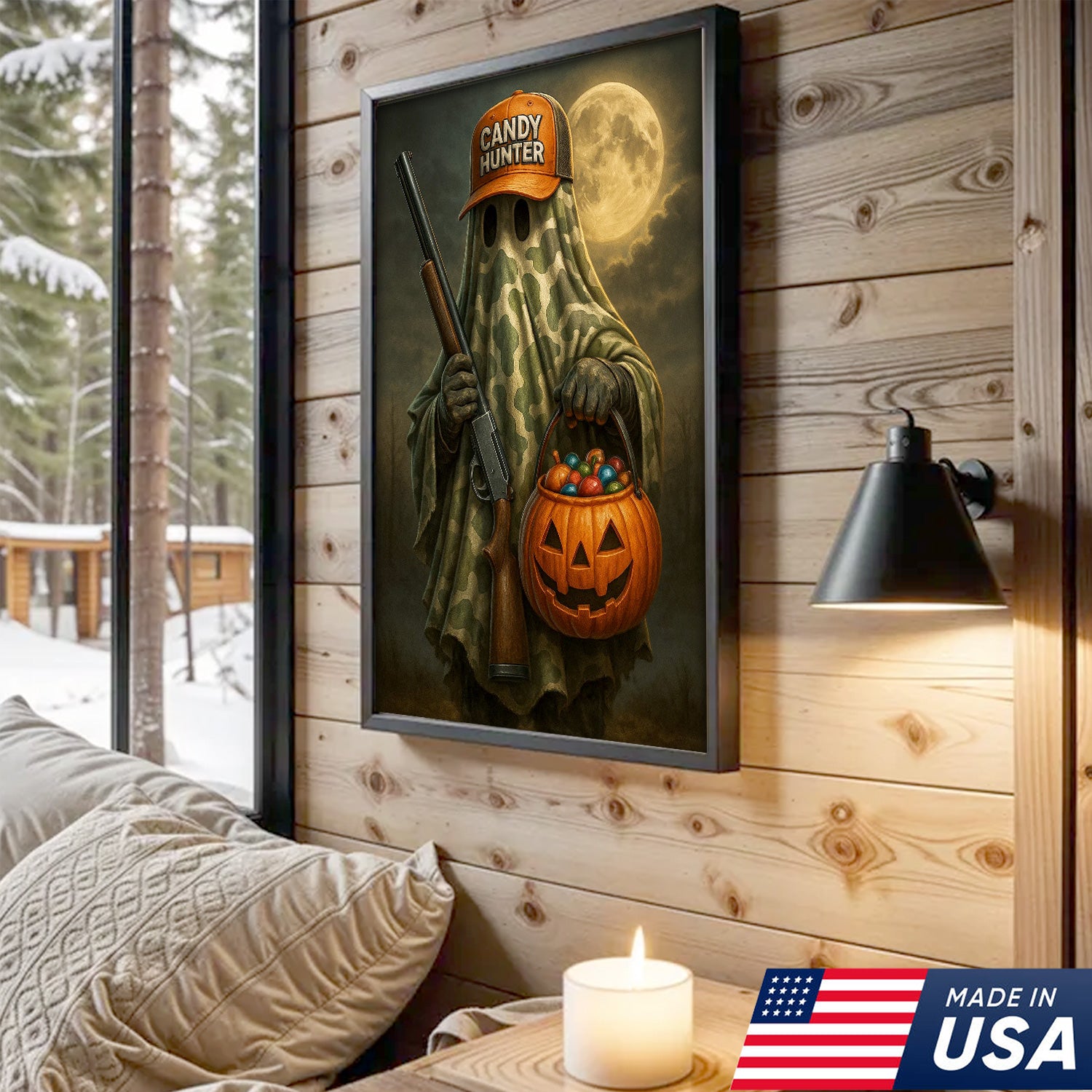 Candy Hunter Halloween Canvas Wall Art – Camouflage Ghost with Shotgun and Pumpkin Trick or Treat Decor