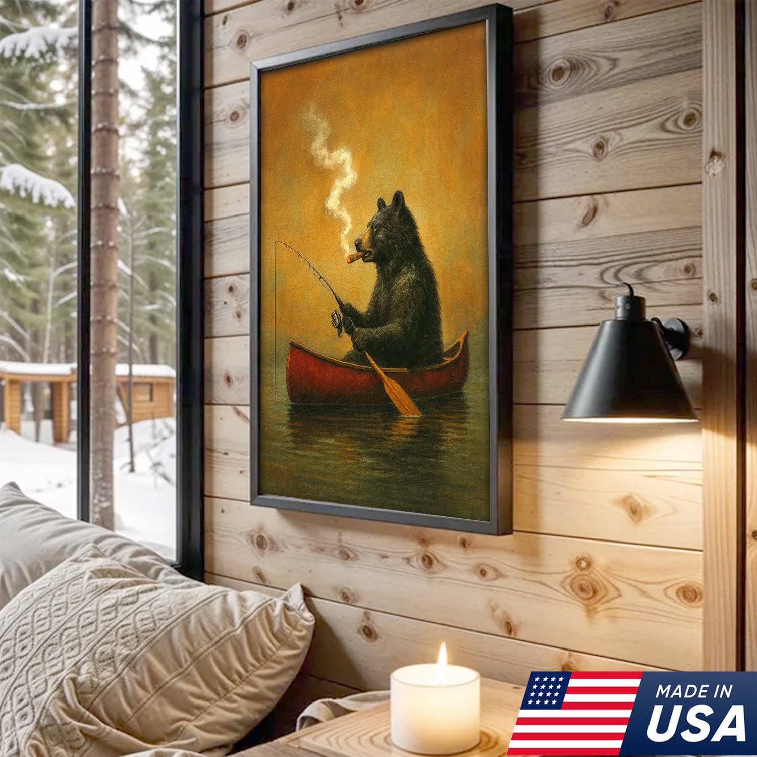 Bear Smoking Fishing Canvas, Funny Lodge Wall Art, Canoe Fishing Rustic Cabin Wall Art