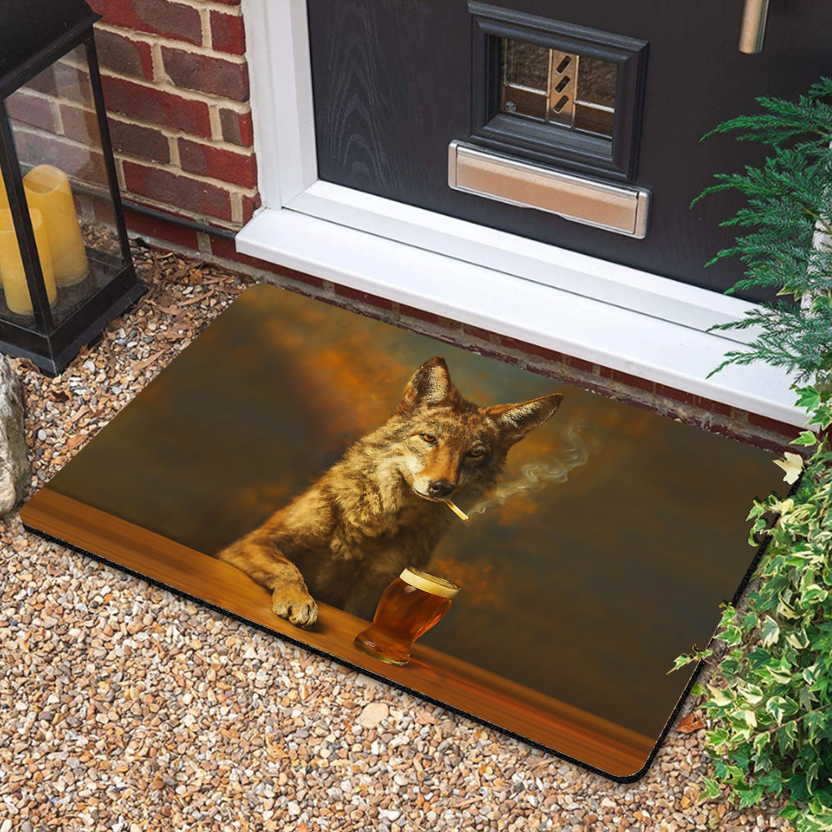 Wolf Smoking & Bar Glassware Doormat – Funny Animal Floor Mat for Hunters, Bars & Man Cave Decor