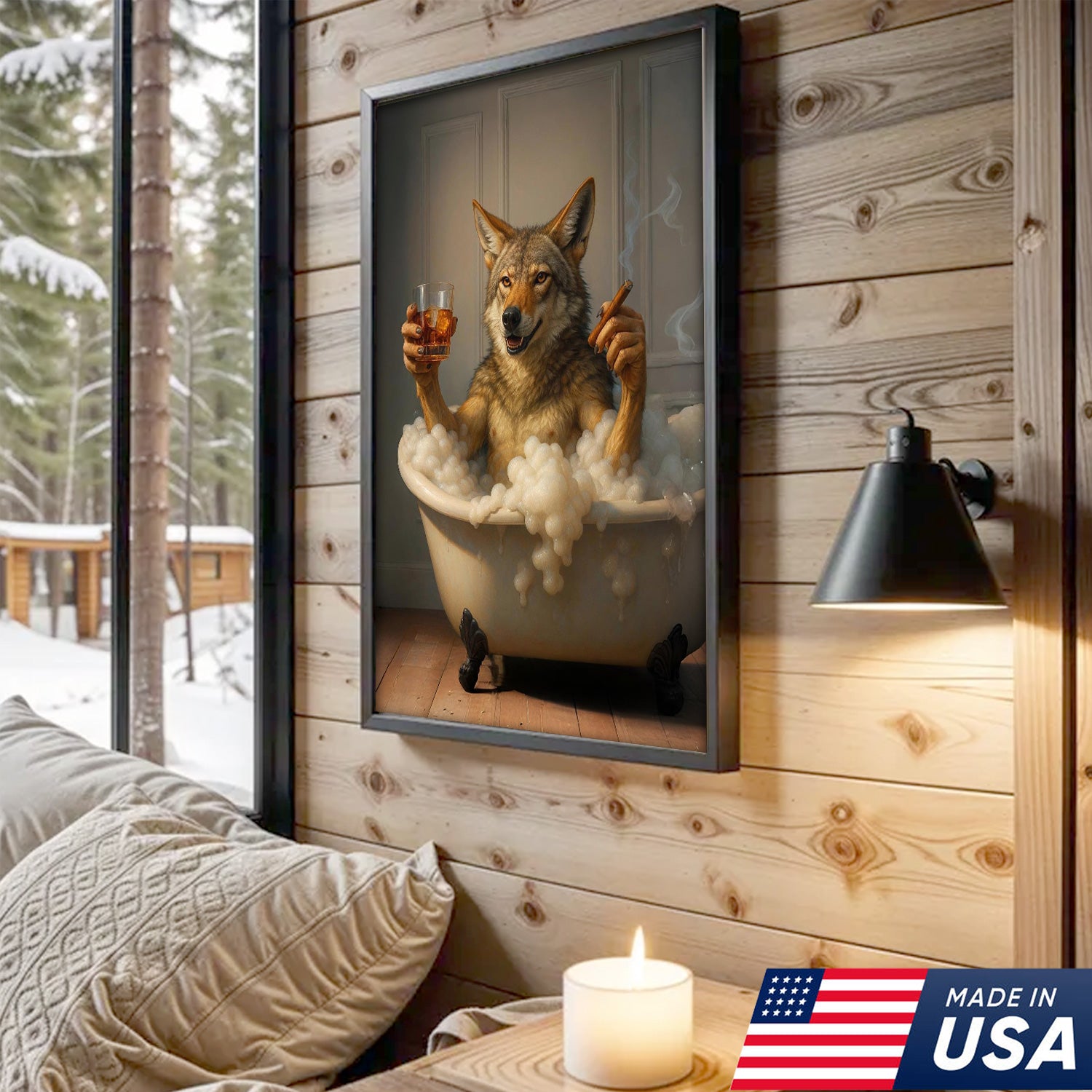 Wolf Coyote Chilling in Bubble Bath Canvas Wall Art – Whimsical Bathroom Decor, Rustic Farmhouse & Cabin Print