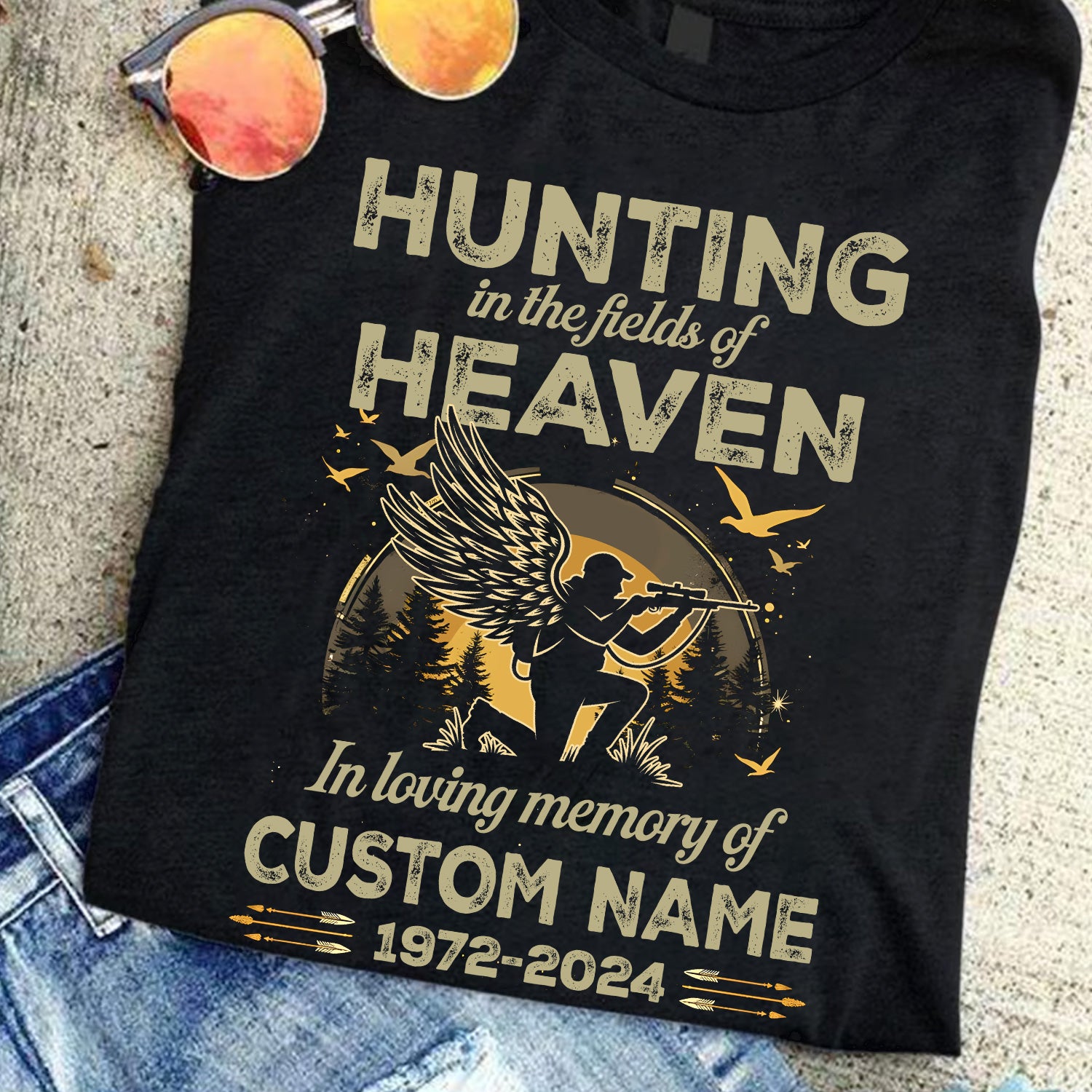 Personalized Hunting In The Fields Of Heaven Memorial T-Shirt – In Loving Memory Gift