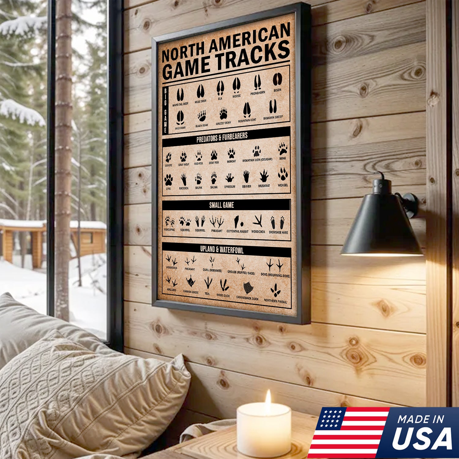 North American Game Tracks Canvas, Hunting Lodge Wall Art, Rustic Cabin Canvas Decor