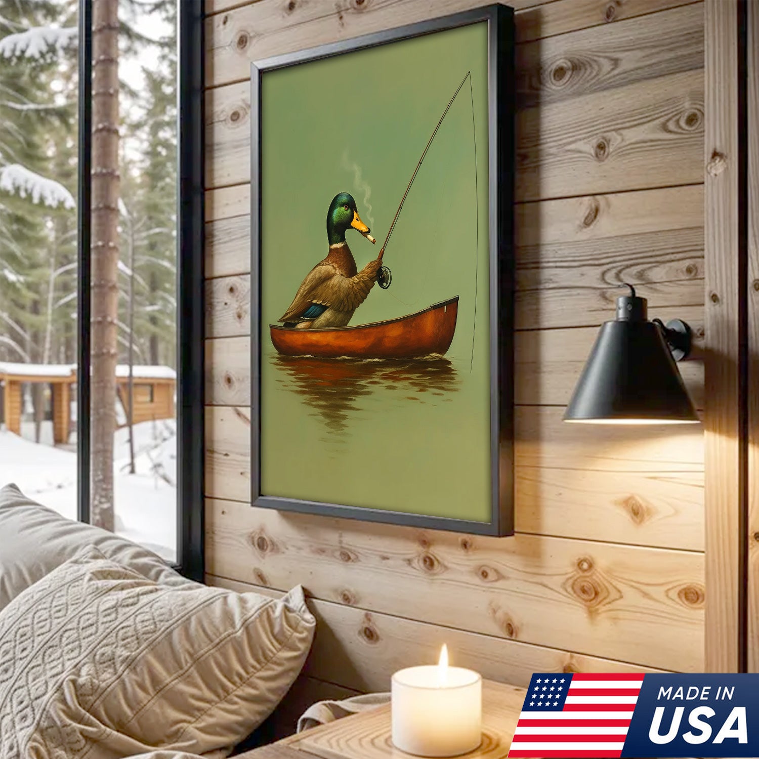 Funny Duck Fishing Canvas, Funny Hunting Wall Art for Fisherman & Hunter Gift Decor
