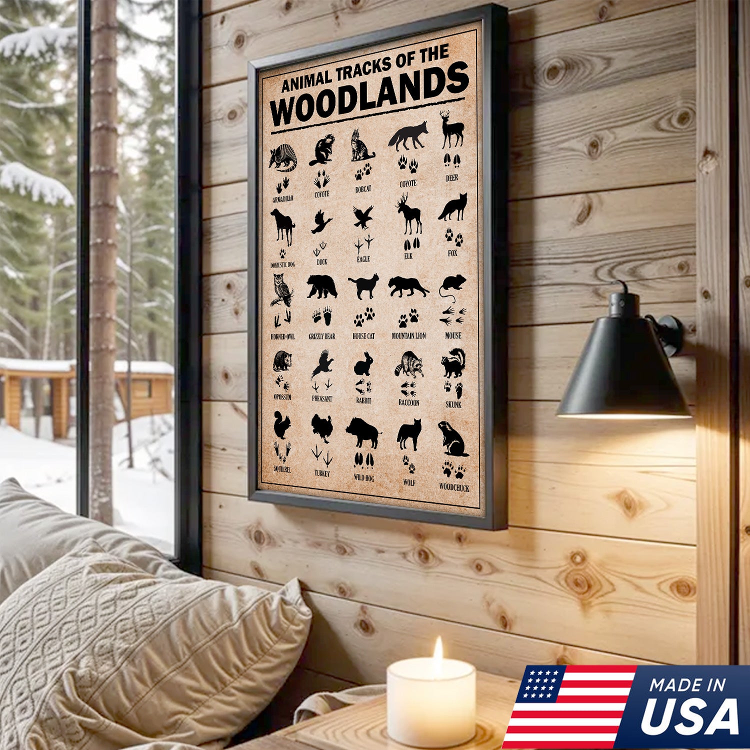 Animal Tracks of the Woodlands Canvas Wall Art, Wildlife Footprint Chart, Rustic Hunting Cabin & Educational Decor