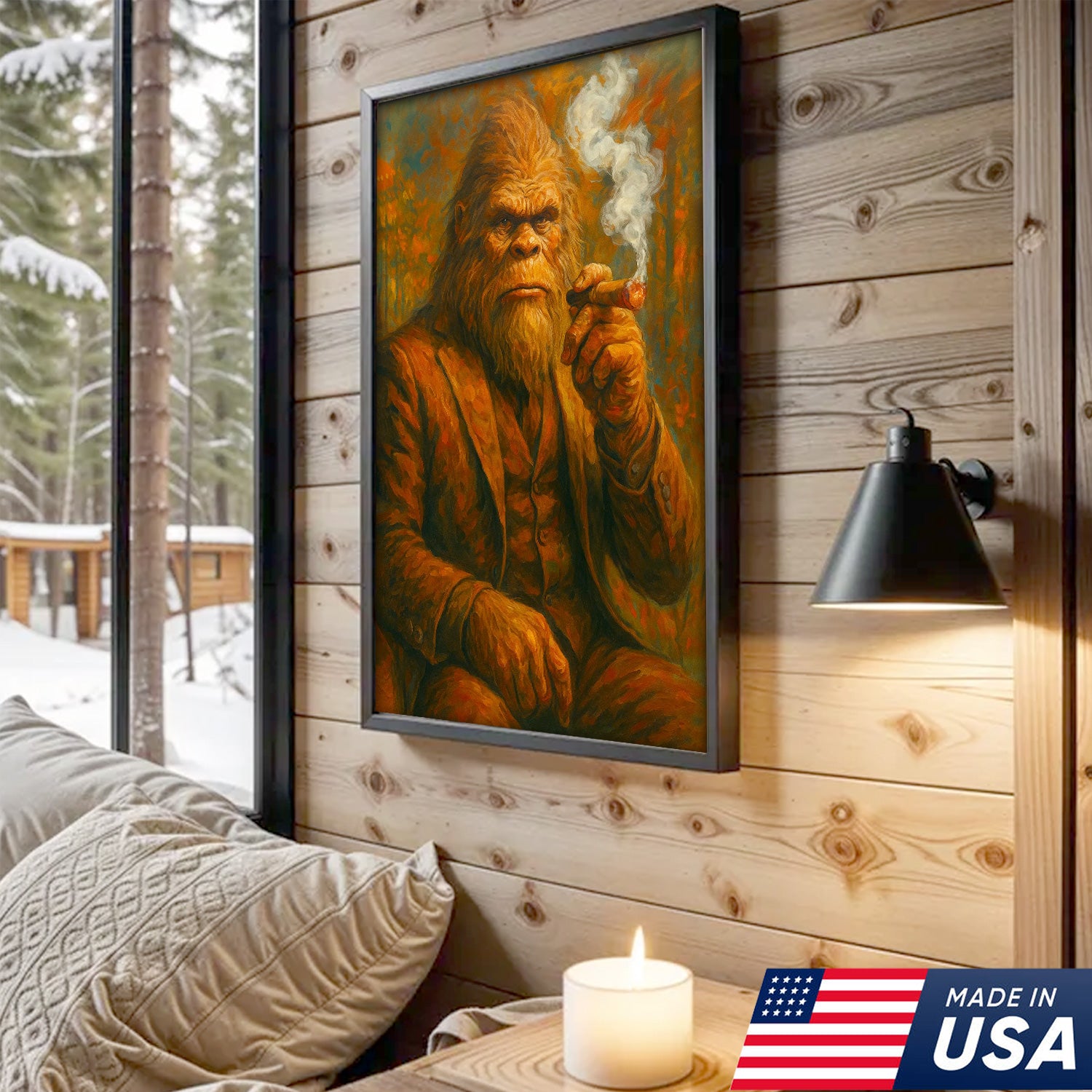 Bigfoot Smoking Canvas, Sasquatch Wall Art Print for Man Cave, Rustic Cabin & Smoking Lounge