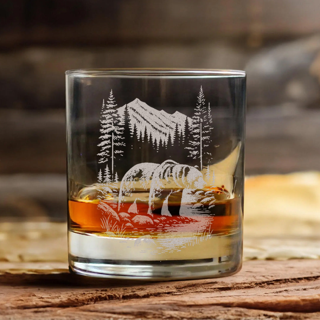 Bear Forest Engraved Whiskey Glass, Rustic Barware Gift for Hunters, Outdoorsmen & Whiskey Lovers
