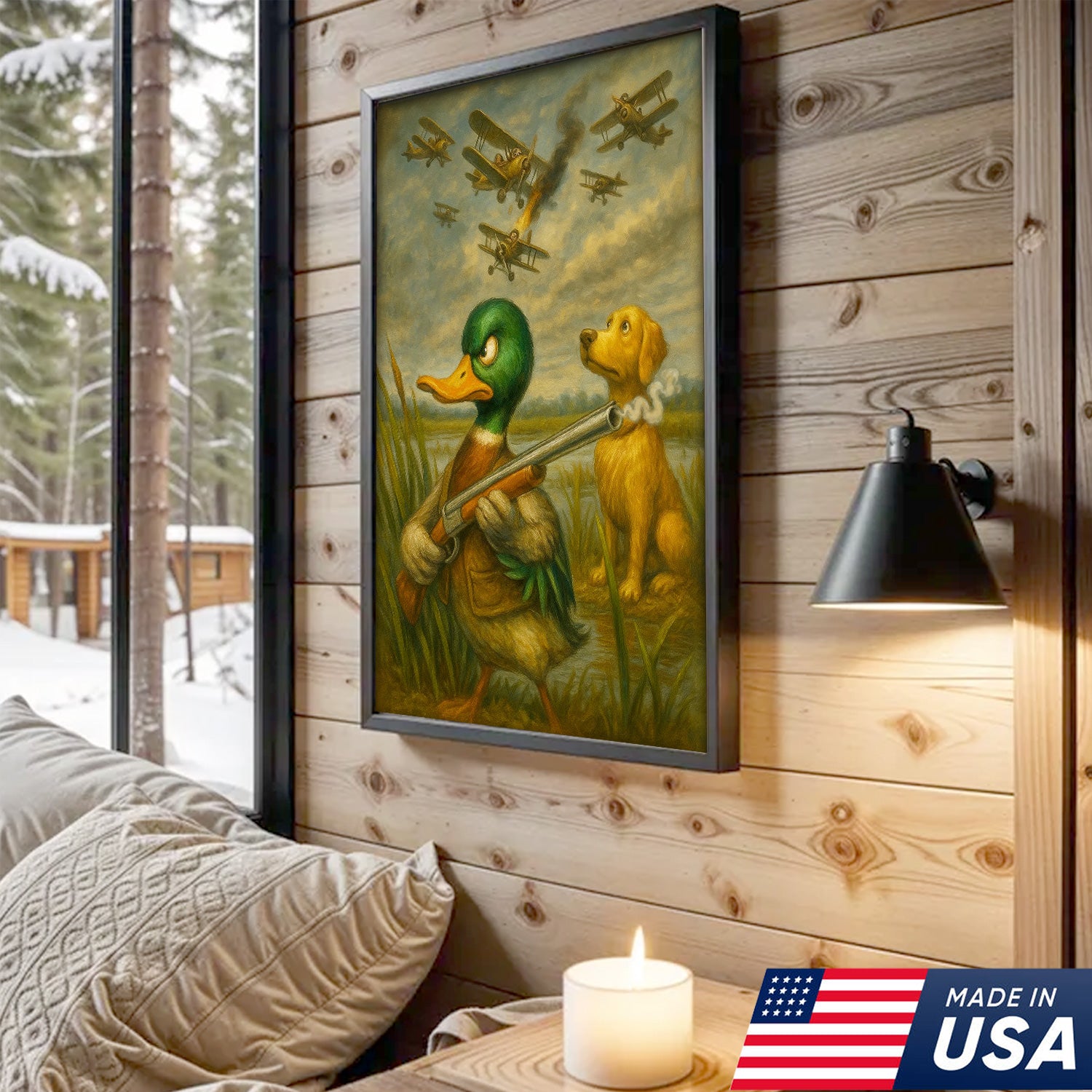 Funny Duck with Shotgun Canvas Wall Art – Hunting Dog & Airplane Battle Rustic Decor, Man Cave Lodge Gift