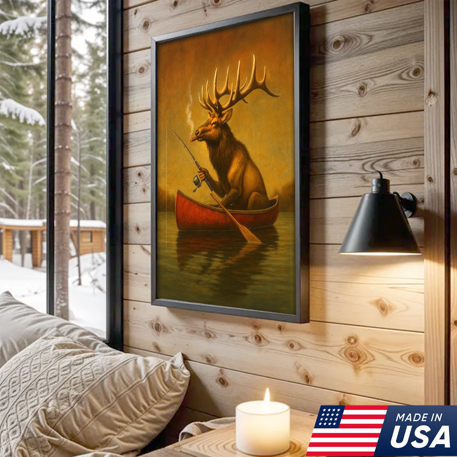 Funny Elk Fishing Canvas Wall Art – Rustic Cabin Decor for Hunters & Fishermen
