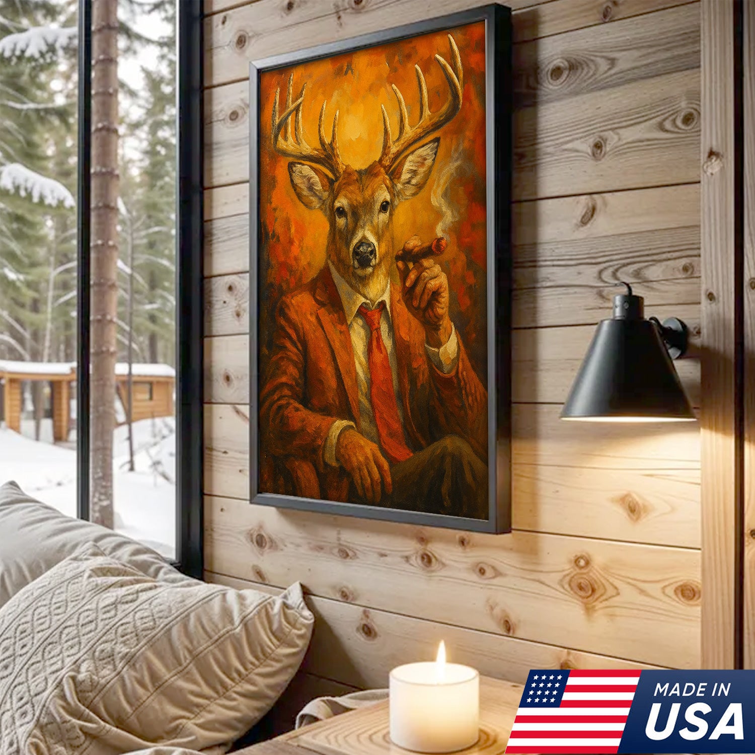 Deer Smoking Canvas, Buck Wall Art Print in Suit for Man Cave, Rustic Hunting Cabin & Smoking Lounge