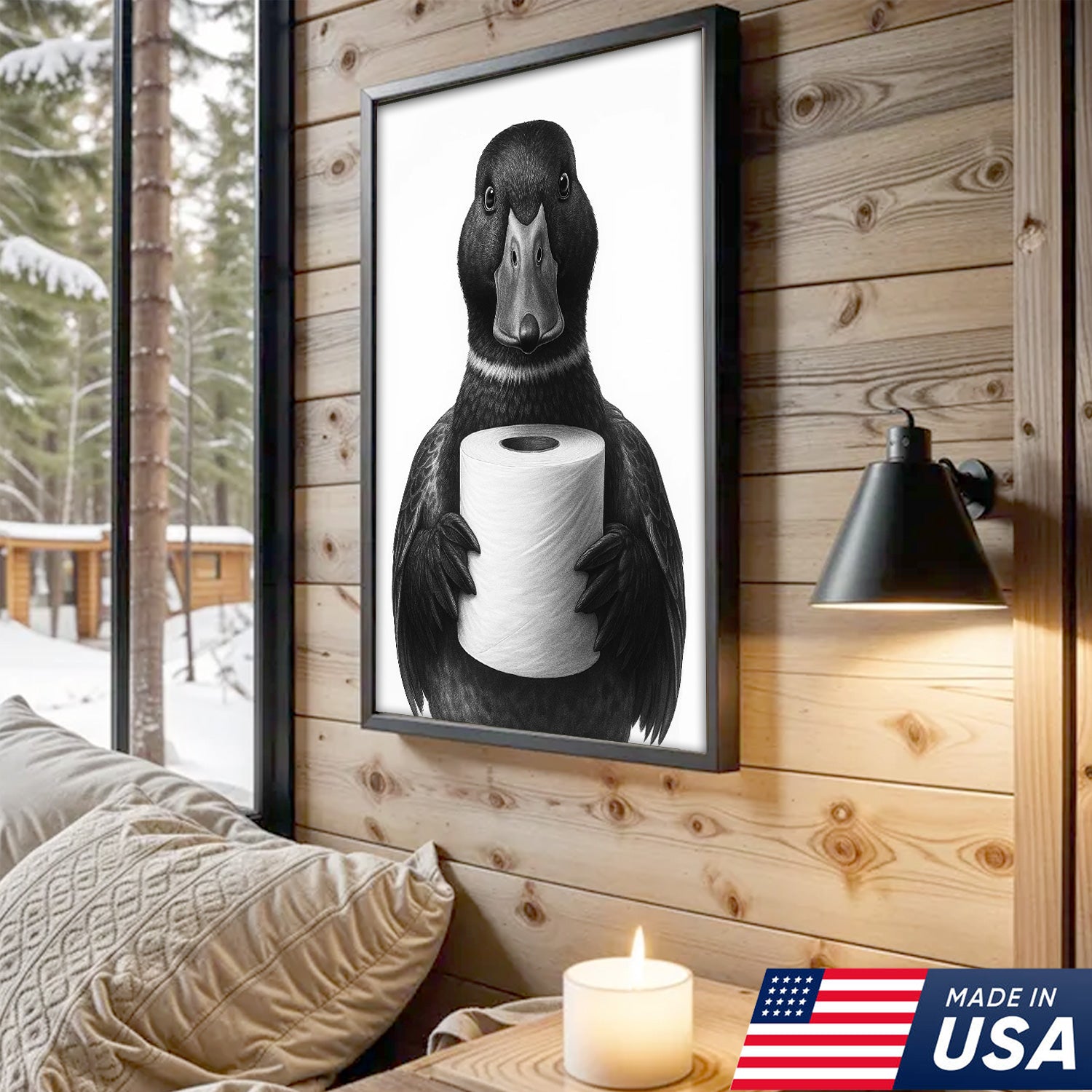 Mallard Duck Canvas Wall Art, Funny Animal Portrait Holding Toilet Paper, Black and White Bathroom Decor Print
