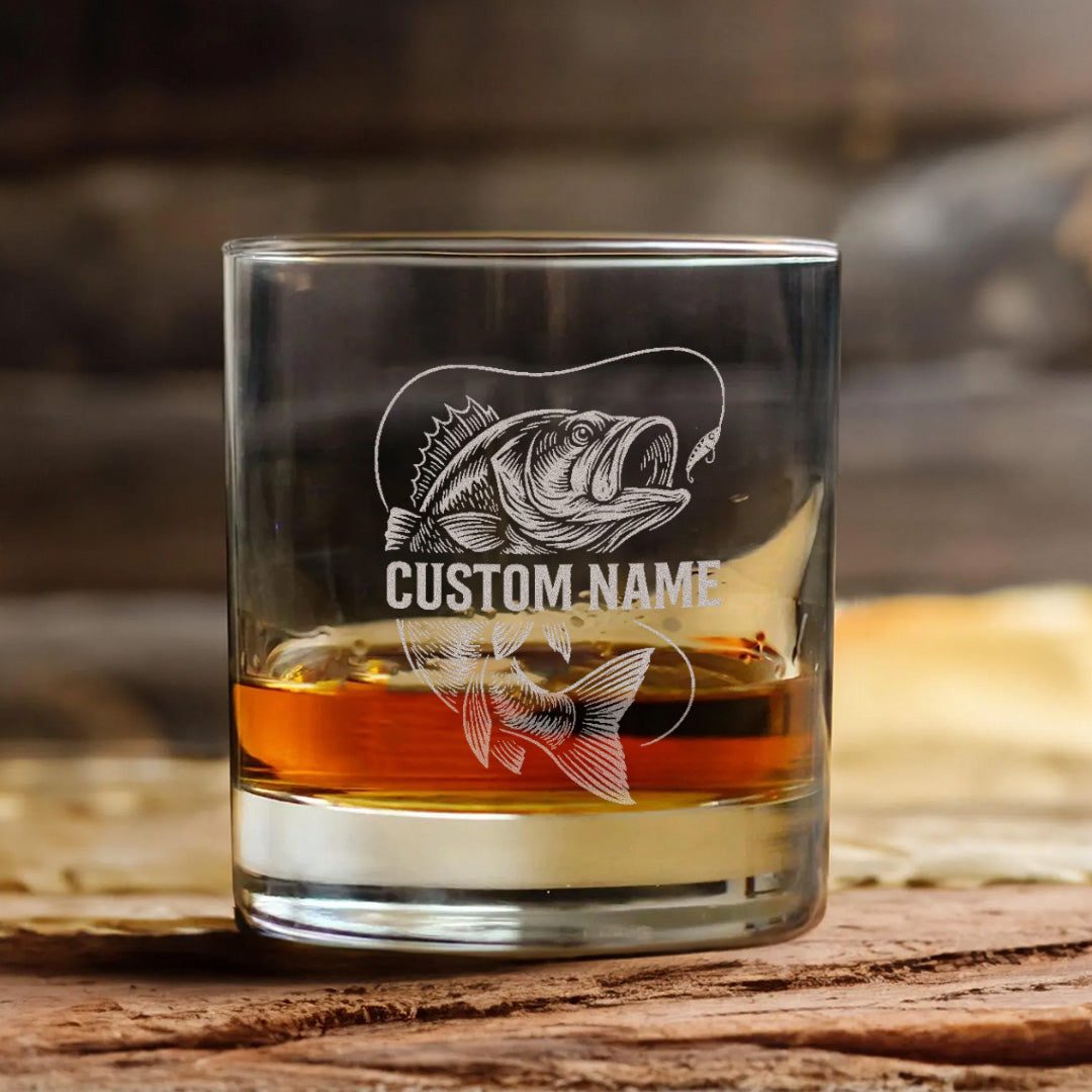 Personalized Whiskey Glass – Bass Fish Engraved Custom Glass, For Fishing Lovers, Man Cave Decor