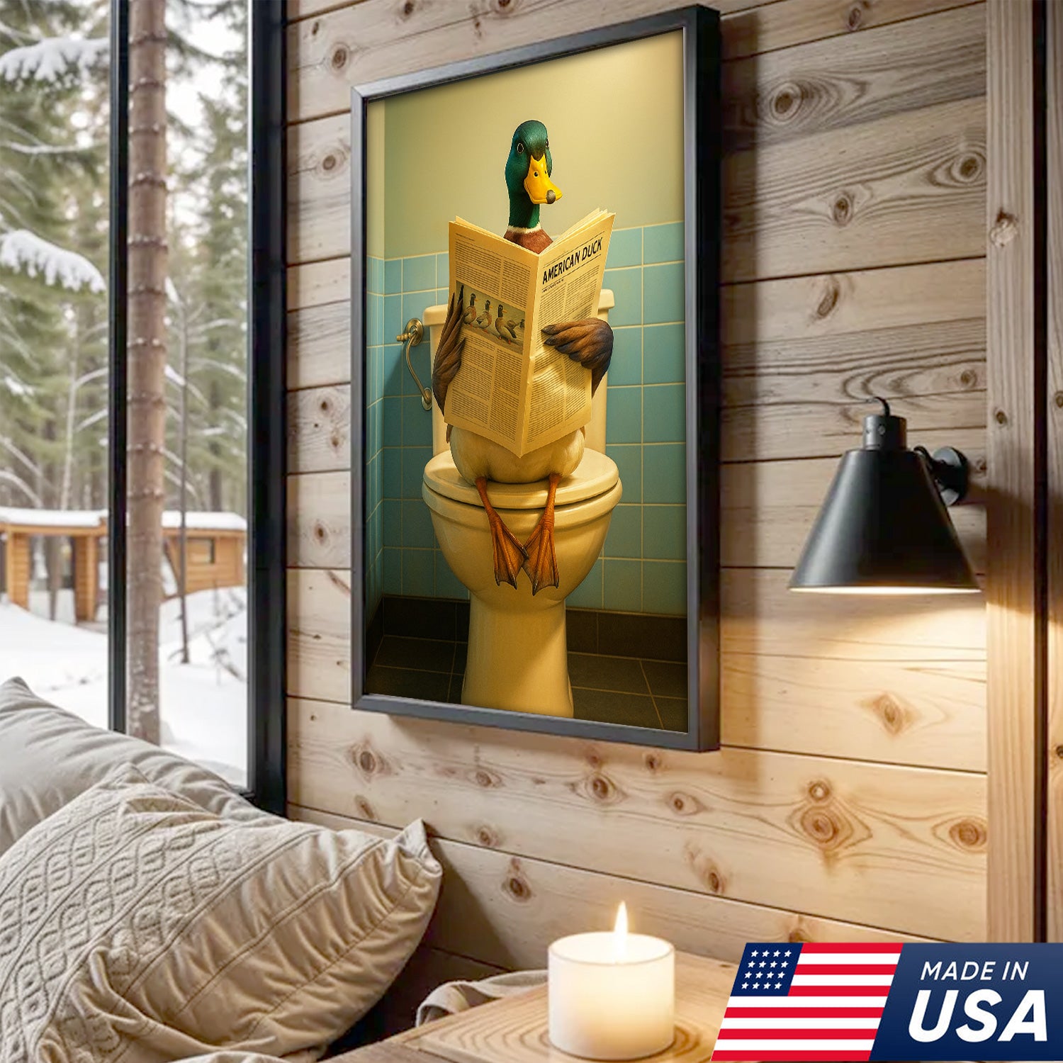 Funny Duck Bathroom Wall Art Canvas – Mallard Reading Newspaper Canvas Decor
