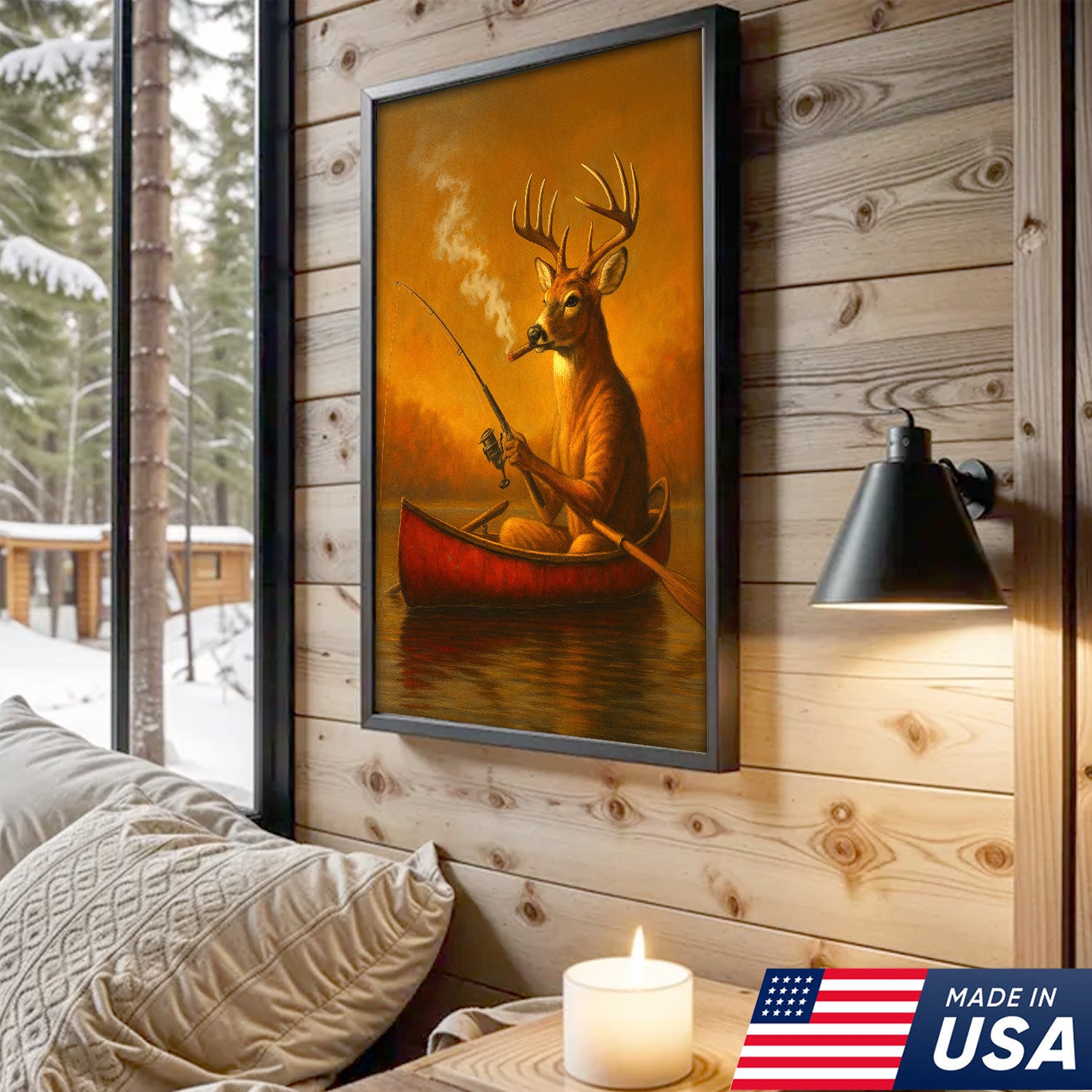 Rustic White Tailed Deer Fishing Canvas, Funny Hunting Wall Art for Fisherman & Hunter Gift Decor