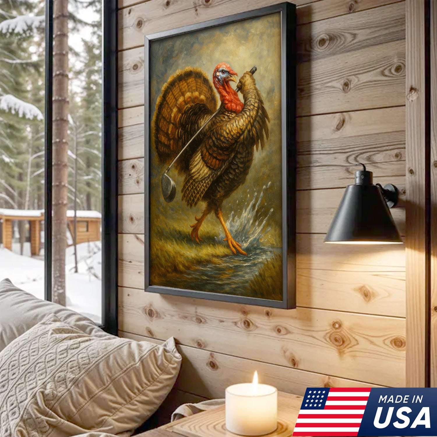 Funny Turkey Playing Golf Canvas Wall Art – Rustic Cabin Lodge Decor, Man Cave & Golfer Gift