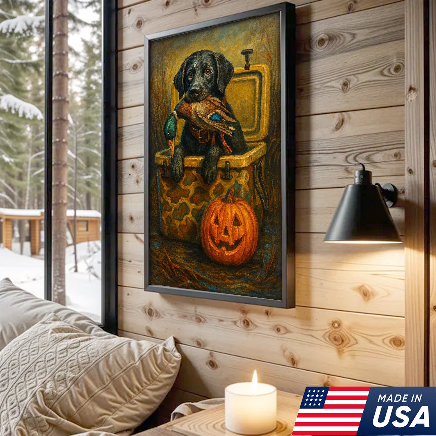 Labrador Retriever Hunting Dog Canvas Wall Art – Black Lab with Duck and Halloween Pumpkin Decor