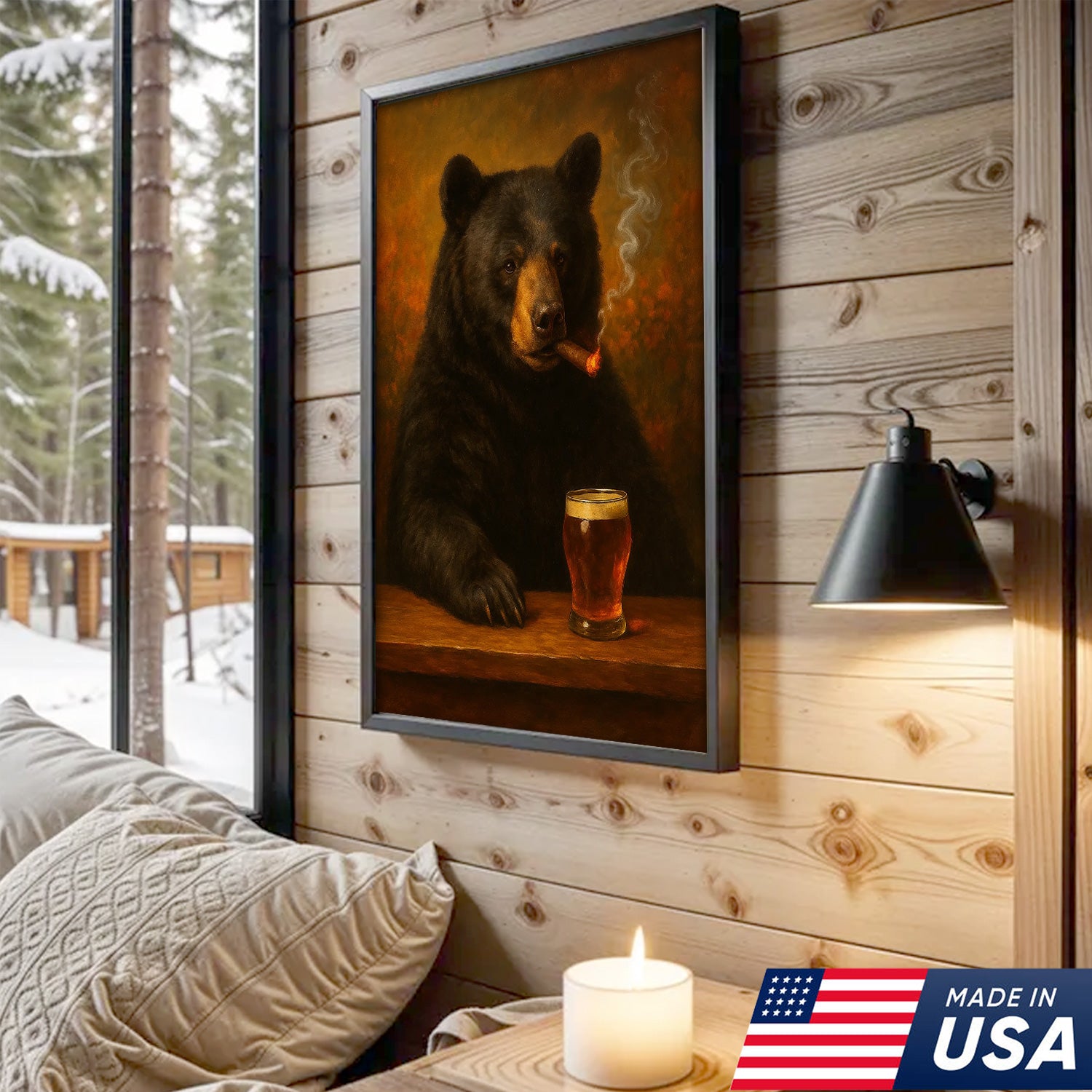 Funny Bear Drinking Cocktail Glasses & Smoking Canvas Wall Art - Rustic Bar & Hunting Lodge Decor