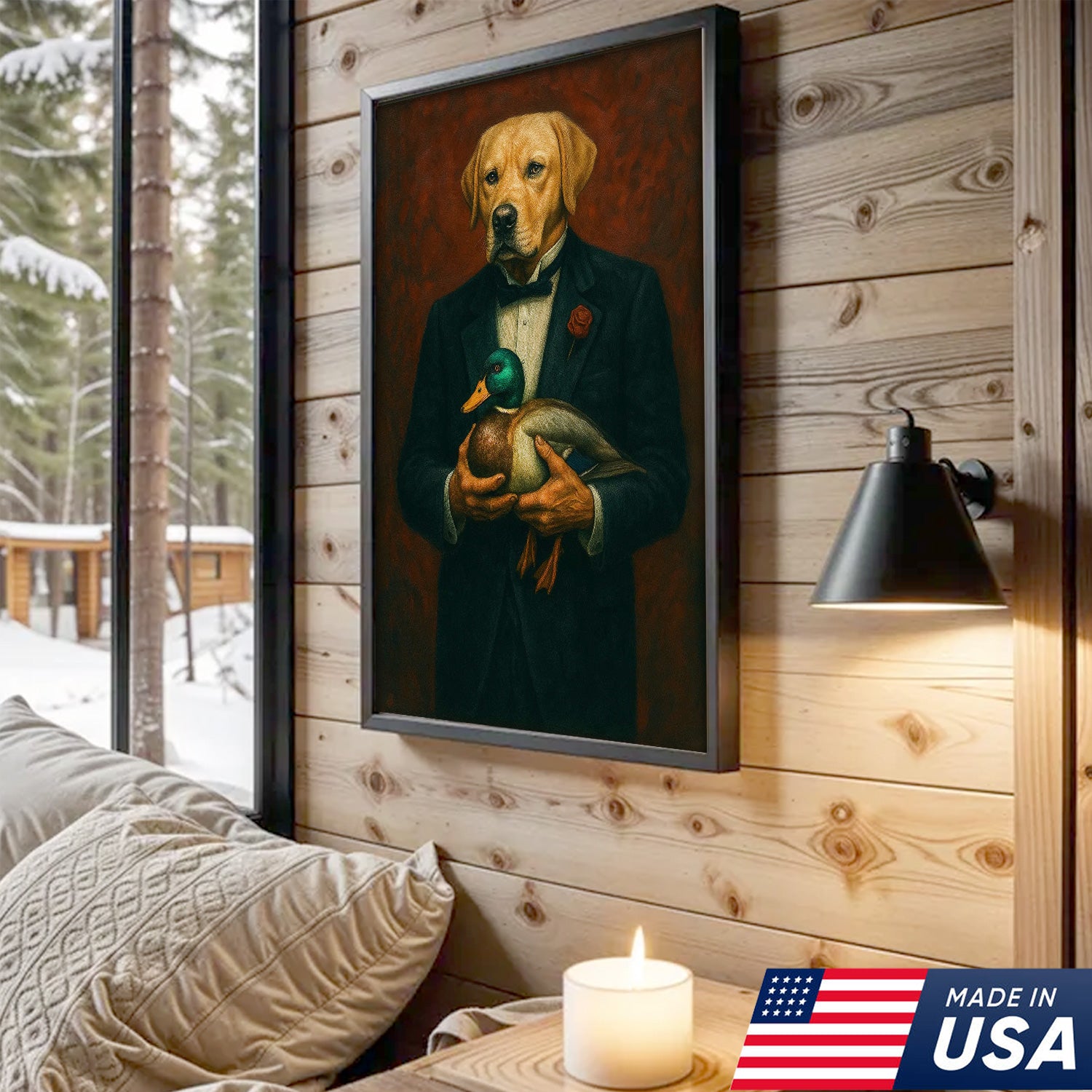 Yellow Labrador Retriever Canvas Wall Art – Distinguished Dog in Tuxedo Holding Mallard Duck – Elegant Hunting Dog Portrait Decor