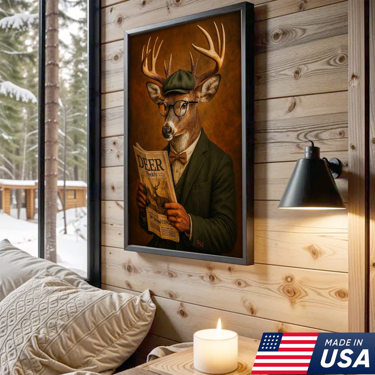 Funny Deer Gentleman Reading Newspaper Canvas – Rustic Hunting Lodge Wall Art