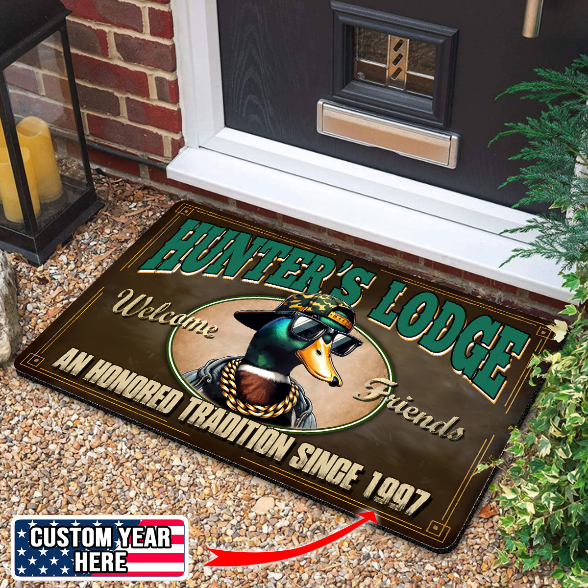 Personalized Hunter’s Lodge Duck Doormat – Funny Hunting Welcome Mat with Custom Year, Rustic Cabin & Lodge Decor