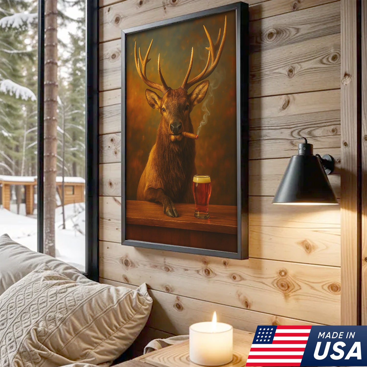 Funny Elk Drinking Cocktail Glasses & Smoking Canvas Wall Art - Rustic Hunting Perfect Gift for Hunters & Cocktail Glasses Lovers