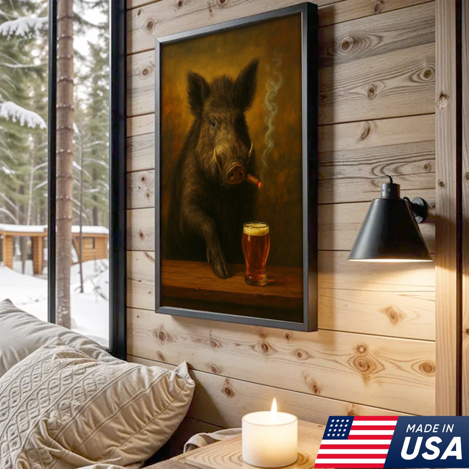 Funny Wild Boar Smoking with Cocktail Glasses Canvas – Rustic Hunting Lodge Wall Art