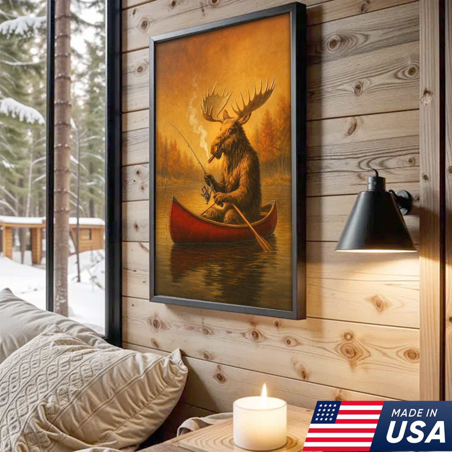 Funny Moose Fishing Canvas Wall Art, Rustic Cabin & Lodge Decor for Hunters & Fishermen