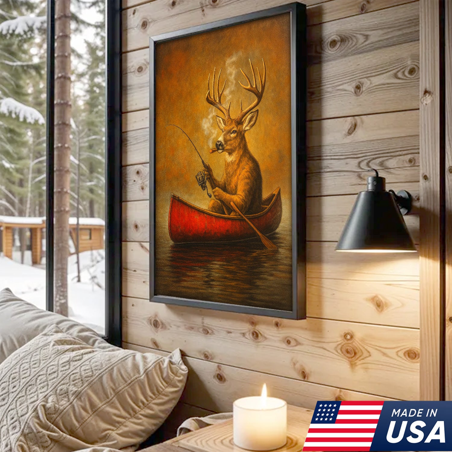 Funny Mule Deer Fishing Canvas Wall Art, Rustic Cabin & Lodge Decor for Hunters & Fishermen