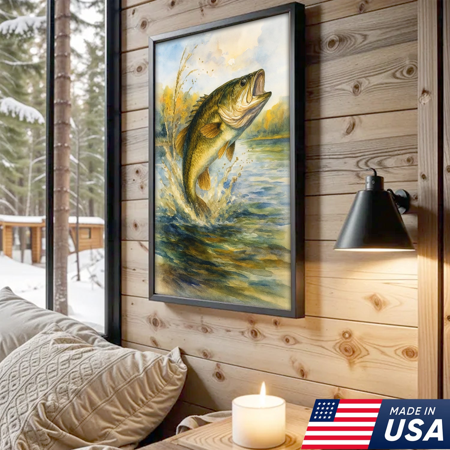 Set of 4 Hunting & Wildlife Canvas Wall Art – Bass, Deer, Turkey & Mallard – Rustic Cabin Lodge Décor