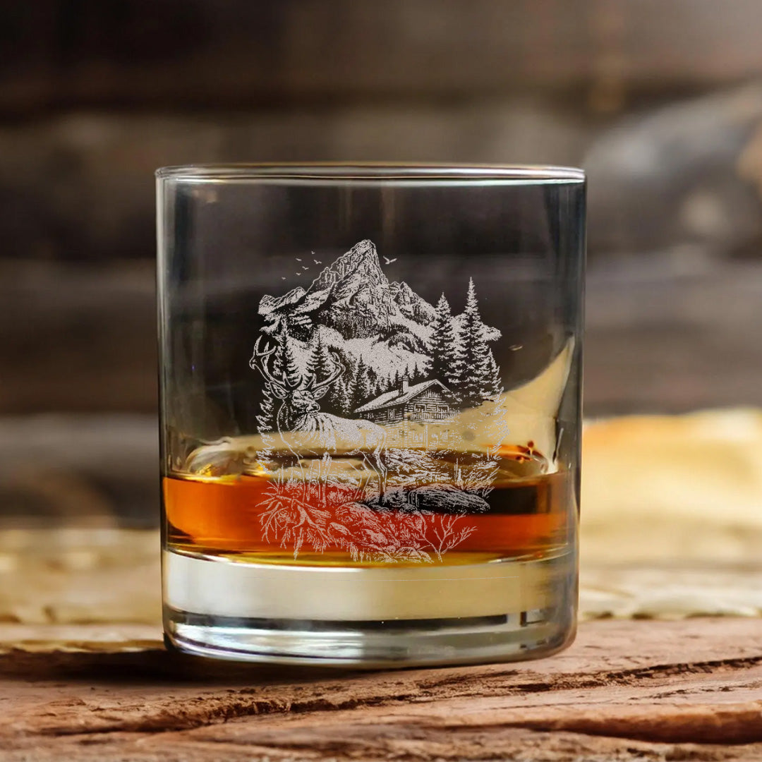 Deer Forest Whiskey Glass – Custom Engraved Mountain Cabin Hunting Gift for Outdoorsmen 2025