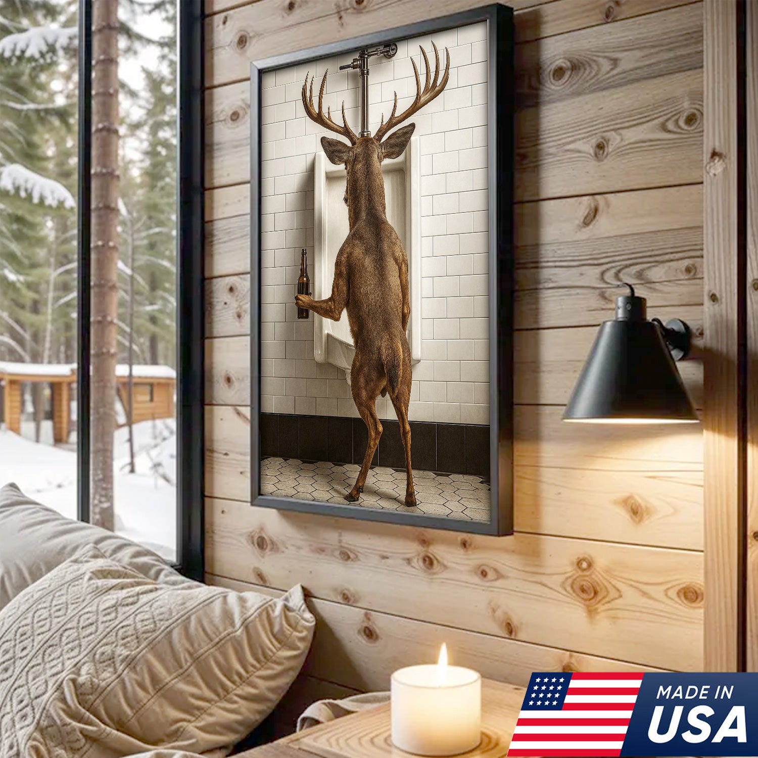 Deer Holding Beer and Standing at the Urinal Canvas – Hilarious Bathroom Wall Art for Rustic Cabin & Man Cave