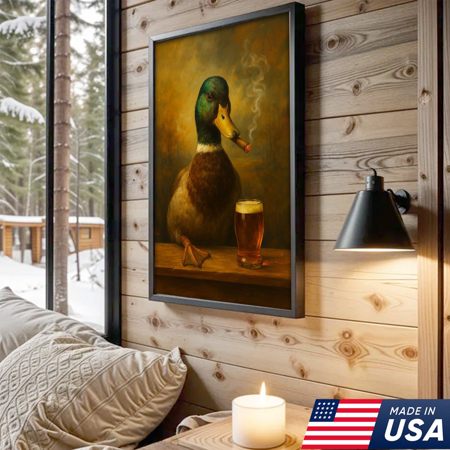 Funny Mallard Duck Smoking & Drinking Cocktail Glasses Canvas Wall Art - Rustic Hunting Perfect Gift for Hunters & Cocktail Glasses Lovers