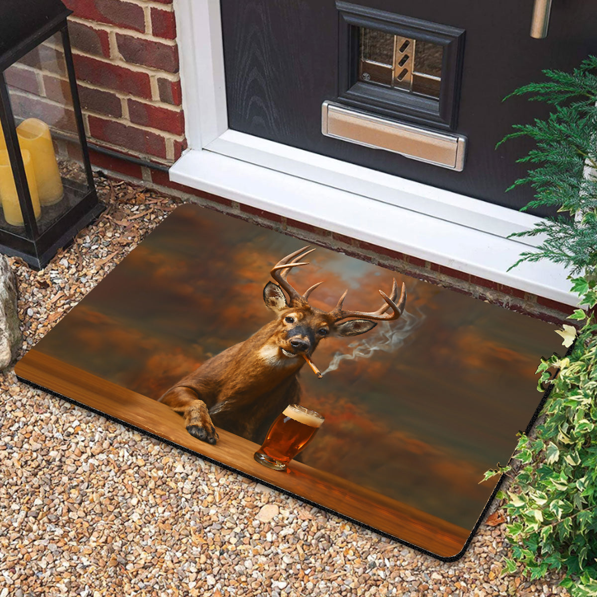 Deer Smoking & Bar Glassware Doormat – Funny Hunting Cabin Rug, Man Cave & Outdoor Decor Gift