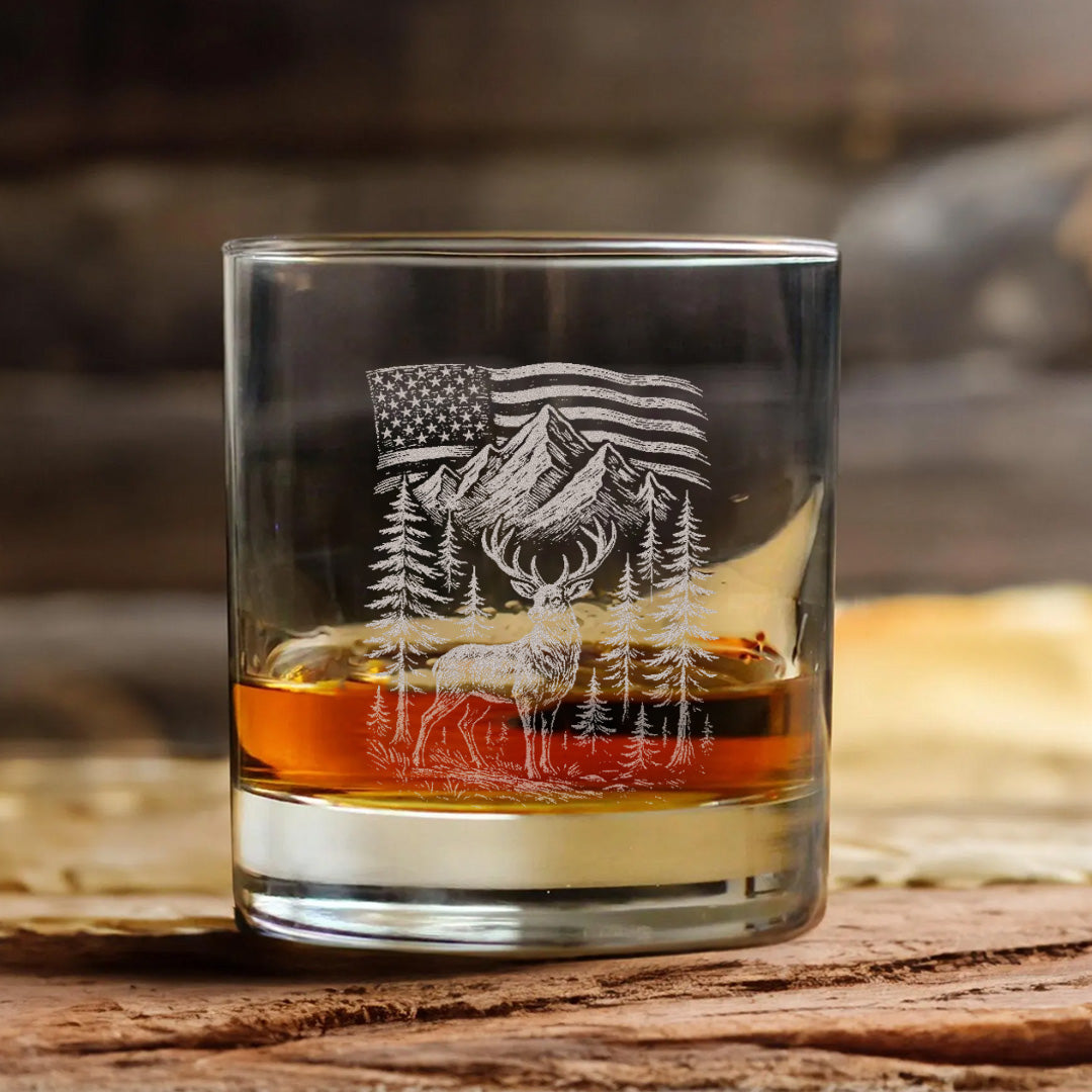 Patriotic Deer Whiskey Glass – Custom Engraved American Flag Hunting Gift for Outdoorsmen 2025 Limited Edition