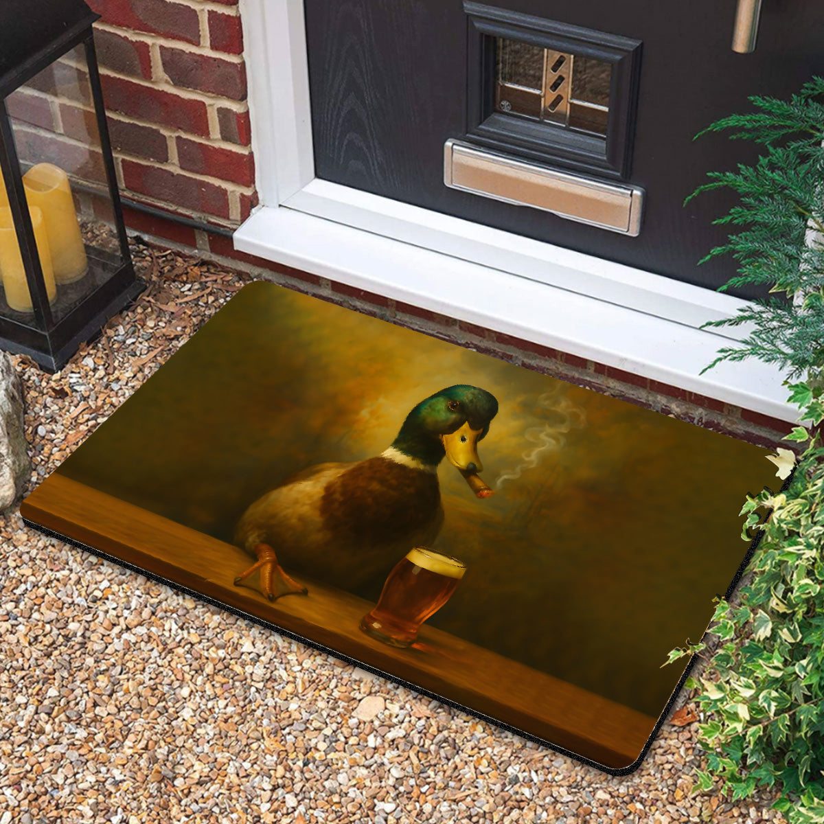 Funny Duck Barware Doormat – Hunting Lodge Rug with Drinking Glasses & Smoking-related Decor, Outdoor Cabin Decor Gift