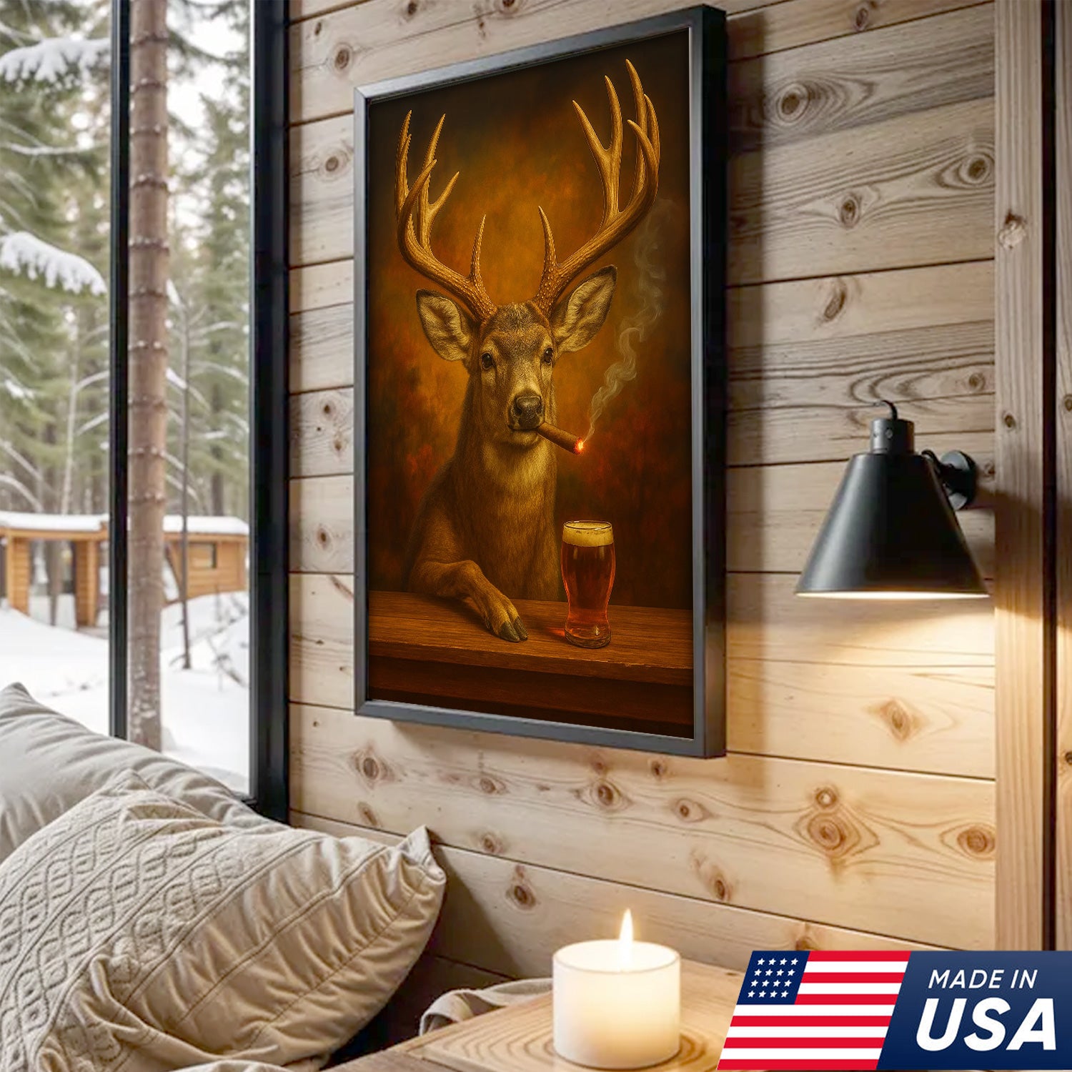 Muke Deer With Smoking & Cocktail Glasses Canvas – Funny Hunting Lodge Wall Art Perfect Gift for Hunters & Cocktail Glasses Lovers