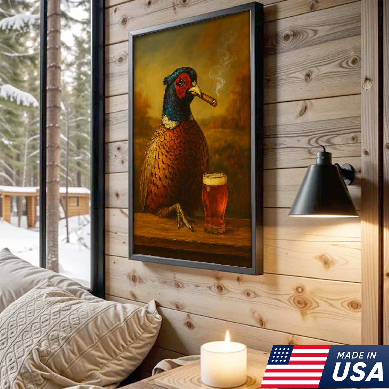 Pheasant With Smoking & Cocktail Glasses Canvas – Hunting Lodge Decor Perfect Gift for Hunters & Cocktail Glasses Lovers