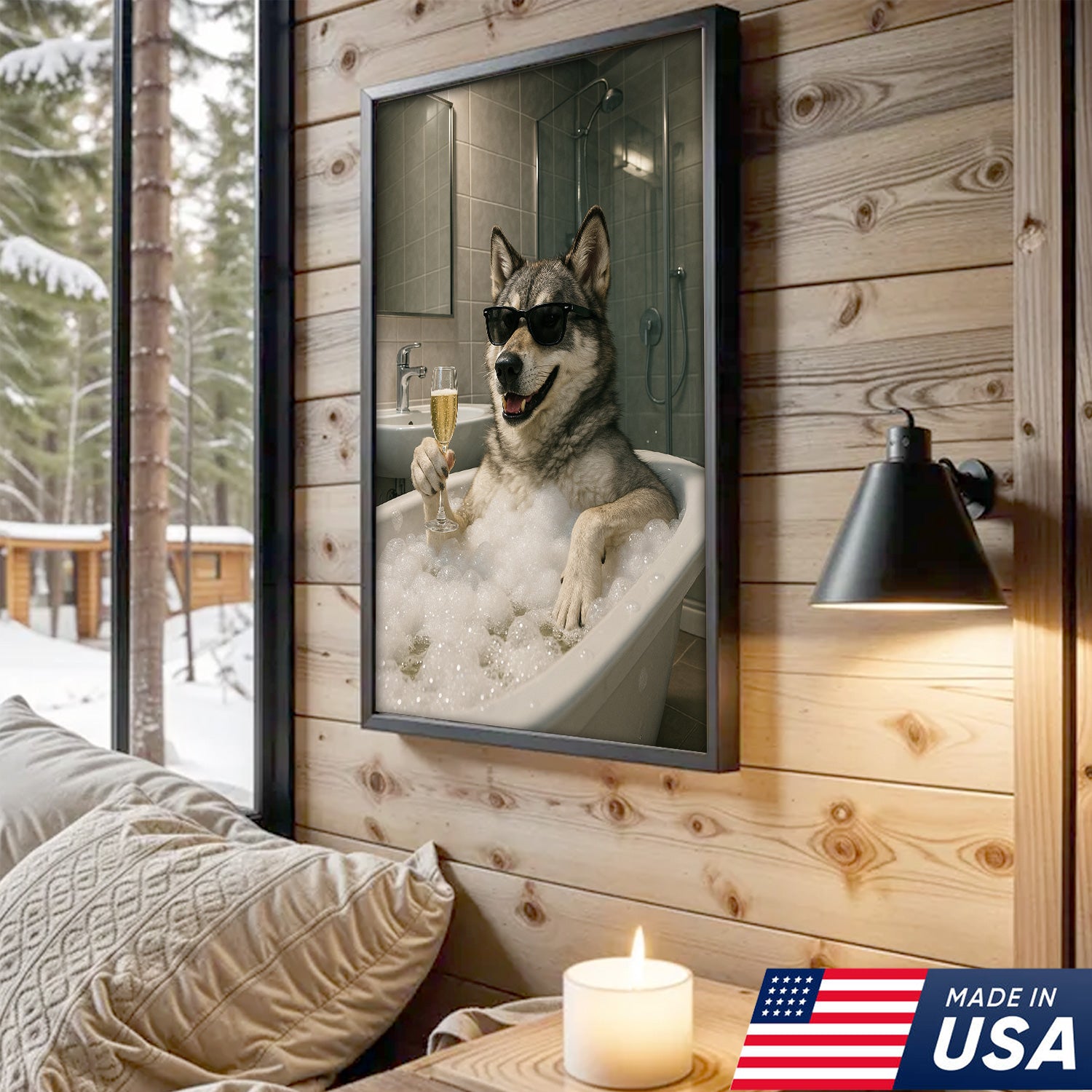 Funny Wolf Canvas Wall Art – Quirky Animal Portrait Relaxing in Bathtub for Bathroom, Rustic Cabin & Home Decor