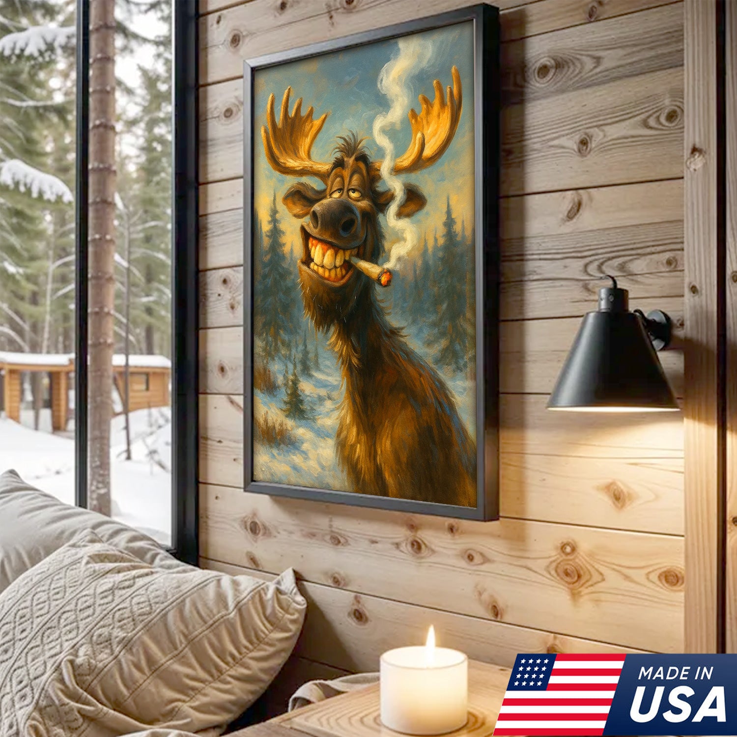 Funny Moose Smoking Canvas Wall Art – Rustic Cabin Lodge Decor